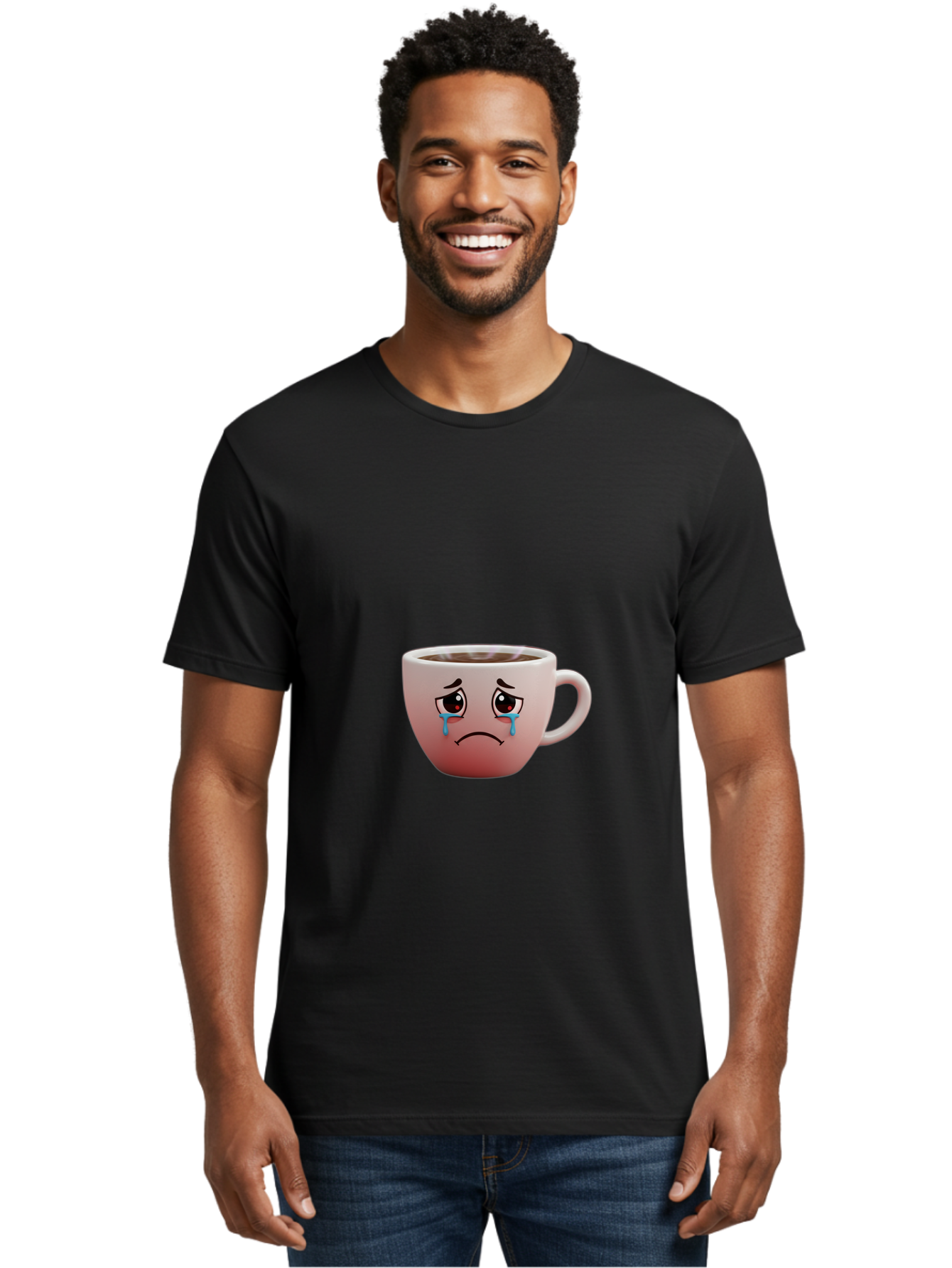 Crying-Coffee-Cup-1 Men'S Graphic Tee, 100% Cotton, Comfortable Casual Summer Wear, Machine Washable, Coffee Cup With Sad Face, Crying Eyes, Frowning Expression, Emotional Coffee, Coffee Lover Emotions, Sad Coffee Moment, Coffee Cup Feelings Bae421