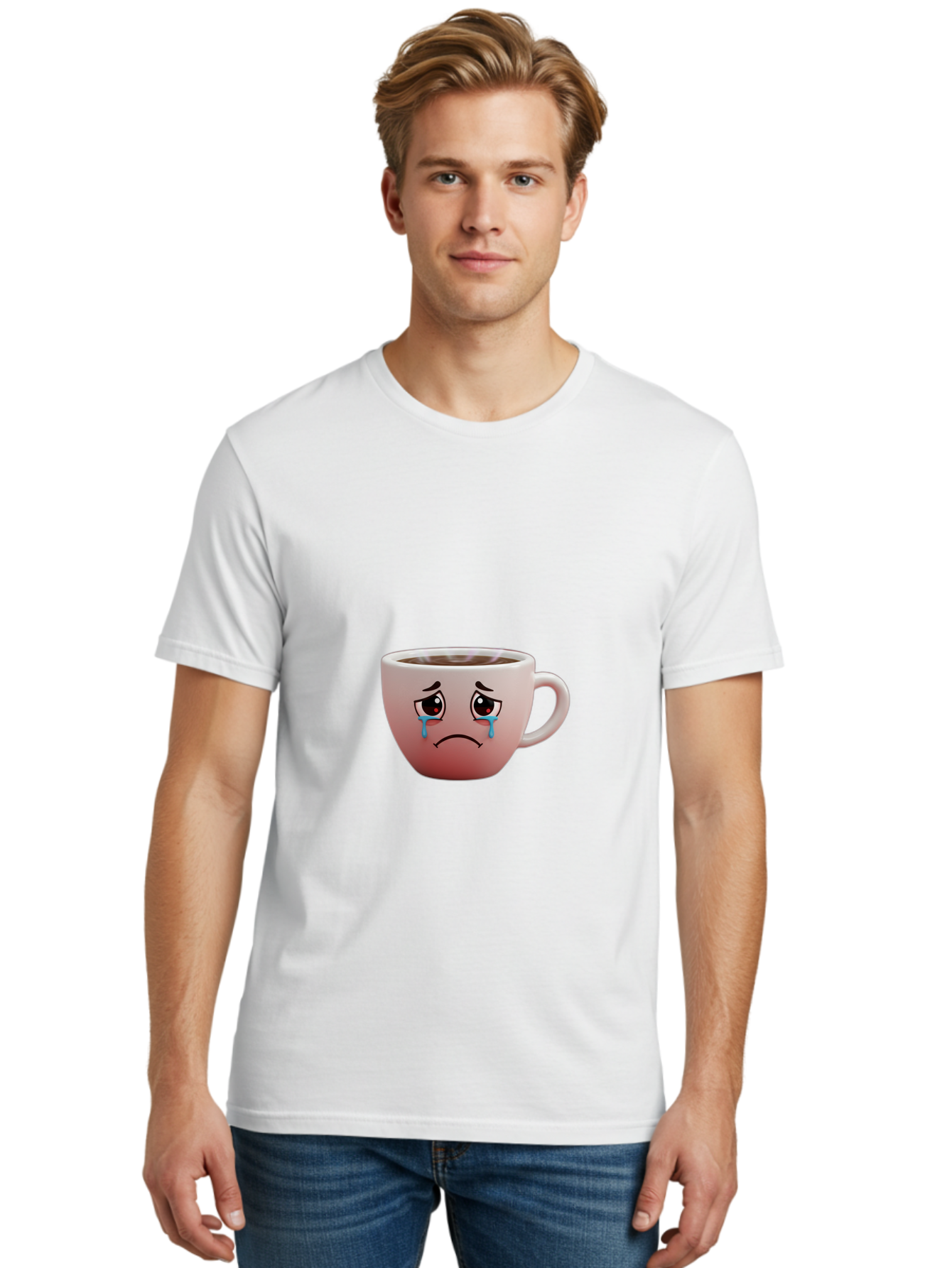 Crying-Coffee-Cup-1 Men'S Graphic Tee, 100% Cotton, Comfortable Casual Summer Wear, Machine Washable, Coffee Cup With Sad Face, Crying Eyes, Frowning Expression, Emotional Coffee, Coffee Lover Emotions, Sad Coffee Moment, Coffee Cup Feelings Bae421