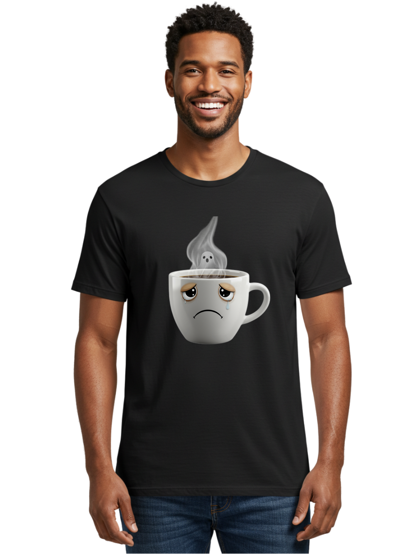 Crying-Coffee-Cup Men'S Graphic Tee, 100% Cotton, Comfortable Casual Summer Wear, Machine Washable, Sad Face Coffee Cup, Steaming Hot Coffee, Ghostly Steam, Coffee Lover, Coffee Culture, Coffee Time, Morning Coffee, Daily Grind Bae422