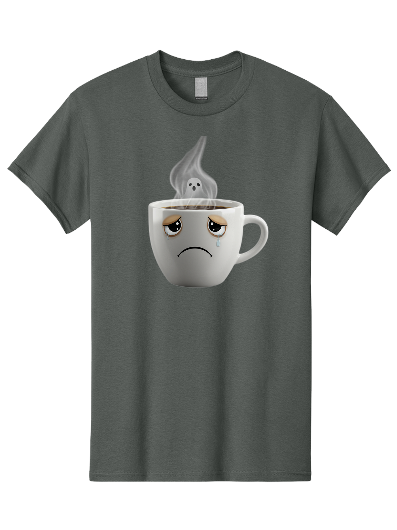 Crying-Coffee-Cup Men'S Graphic Tee, 100% Cotton, Comfortable Casual Summer Wear, Machine Washable, Sad Face Coffee Cup, Steaming Hot Coffee, Ghostly Steam, Coffee Lover, Coffee Culture, Coffee Time, Morning Coffee, Daily Grind Bae422