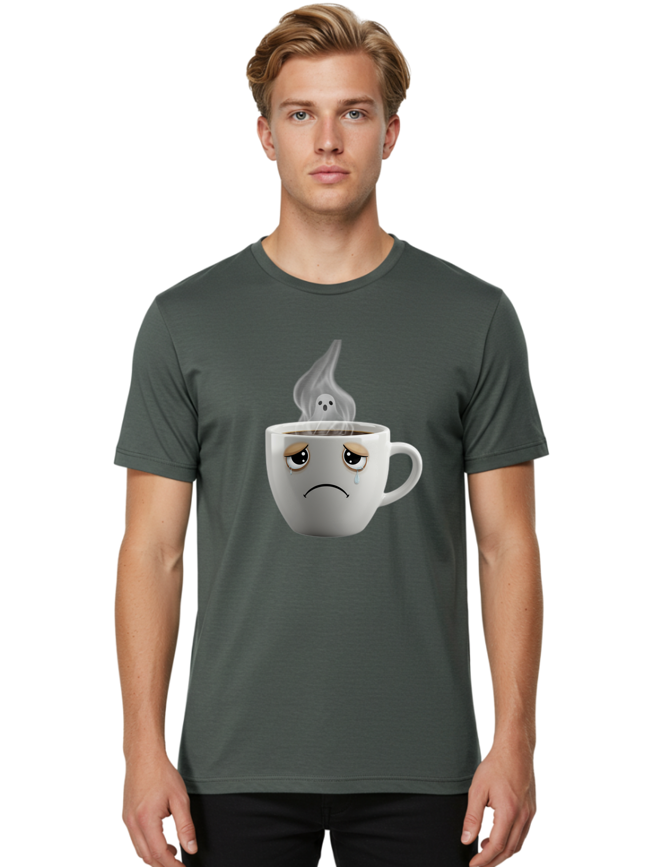 Crying-Coffee-Cup Men'S Graphic Tee, 100% Cotton, Comfortable Casual Summer Wear, Machine Washable, Sad Face Coffee Cup, Steaming Hot Coffee, Ghostly Steam, Coffee Lover, Coffee Culture, Coffee Time, Morning Coffee, Daily Grind Bae422