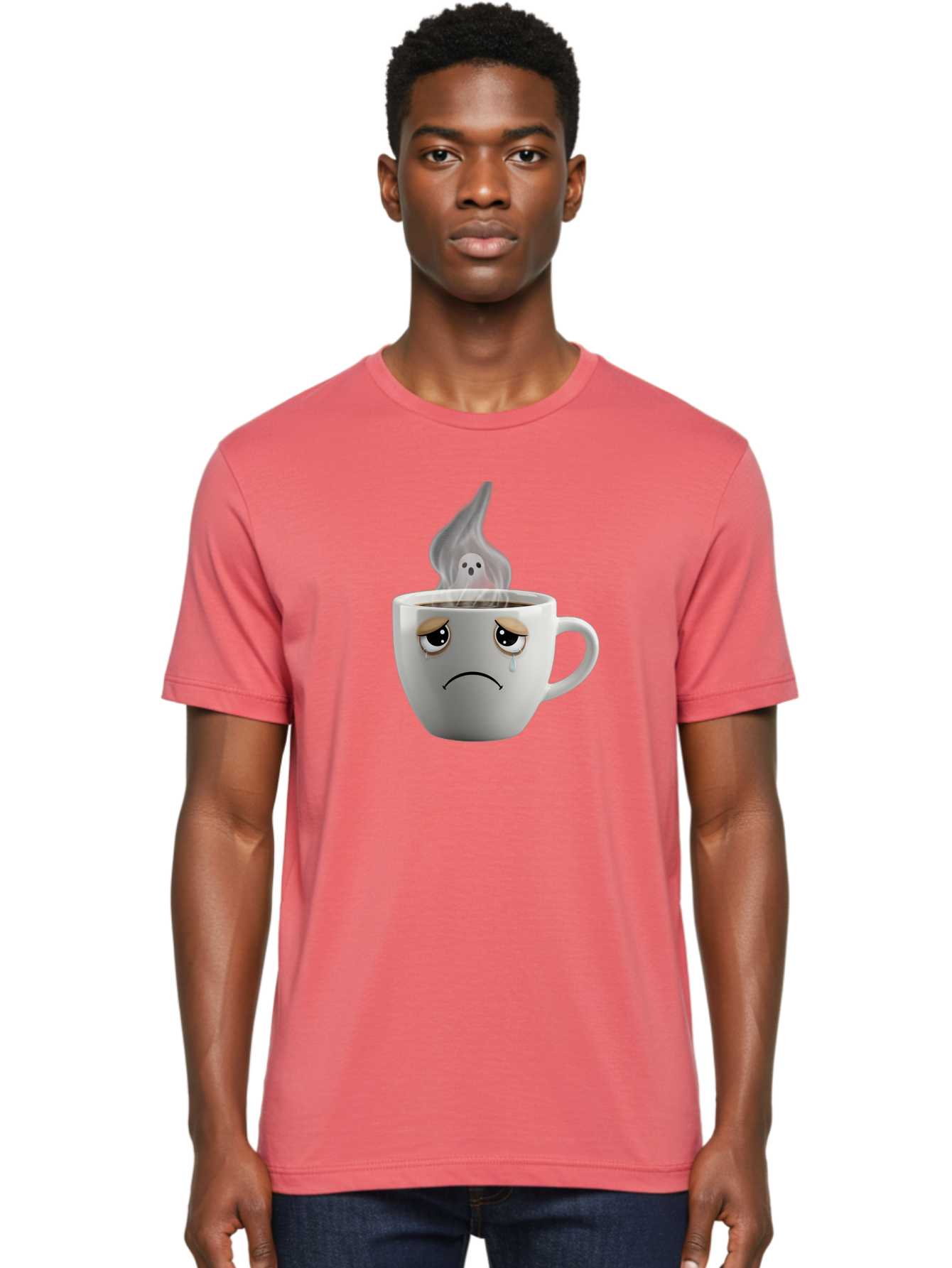 Crying-Coffee-Cup Men'S Graphic Tee, 100% Cotton, Comfortable Casual Summer Wear, Machine Washable, Sad Face Coffee Cup, Steaming Hot Coffee, Ghostly Steam, Coffee Lover, Coffee Culture, Coffee Time, Morning Coffee, Daily Grind Bae422