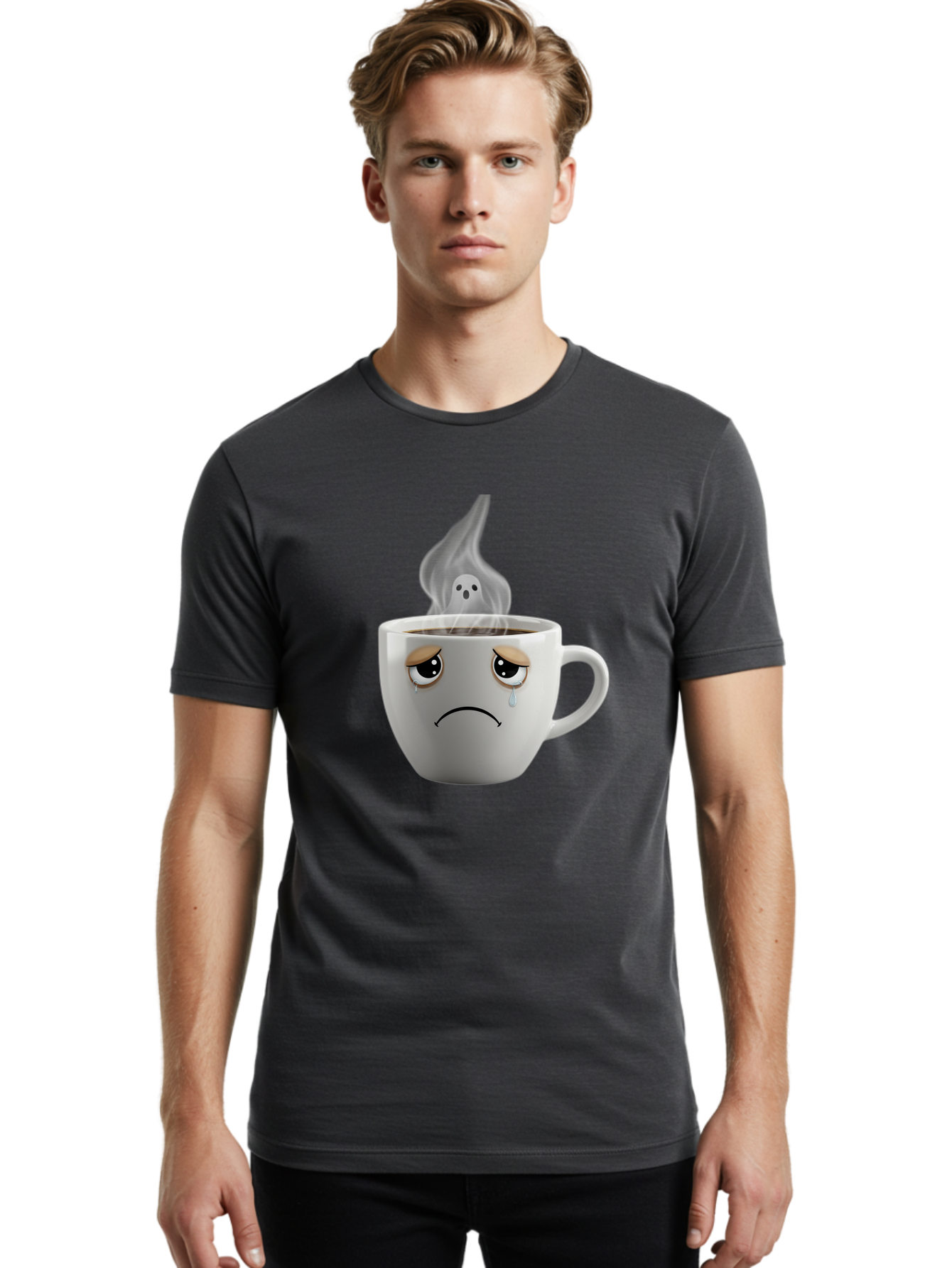 Crying-Coffee-Cup Men'S Graphic Tee, 100% Cotton, Comfortable Casual Summer Wear, Machine Washable, Sad Face Coffee Cup, Steaming Hot Coffee, Ghostly Steam, Coffee Lover, Coffee Culture, Coffee Time, Morning Coffee, Daily Grind Bae422