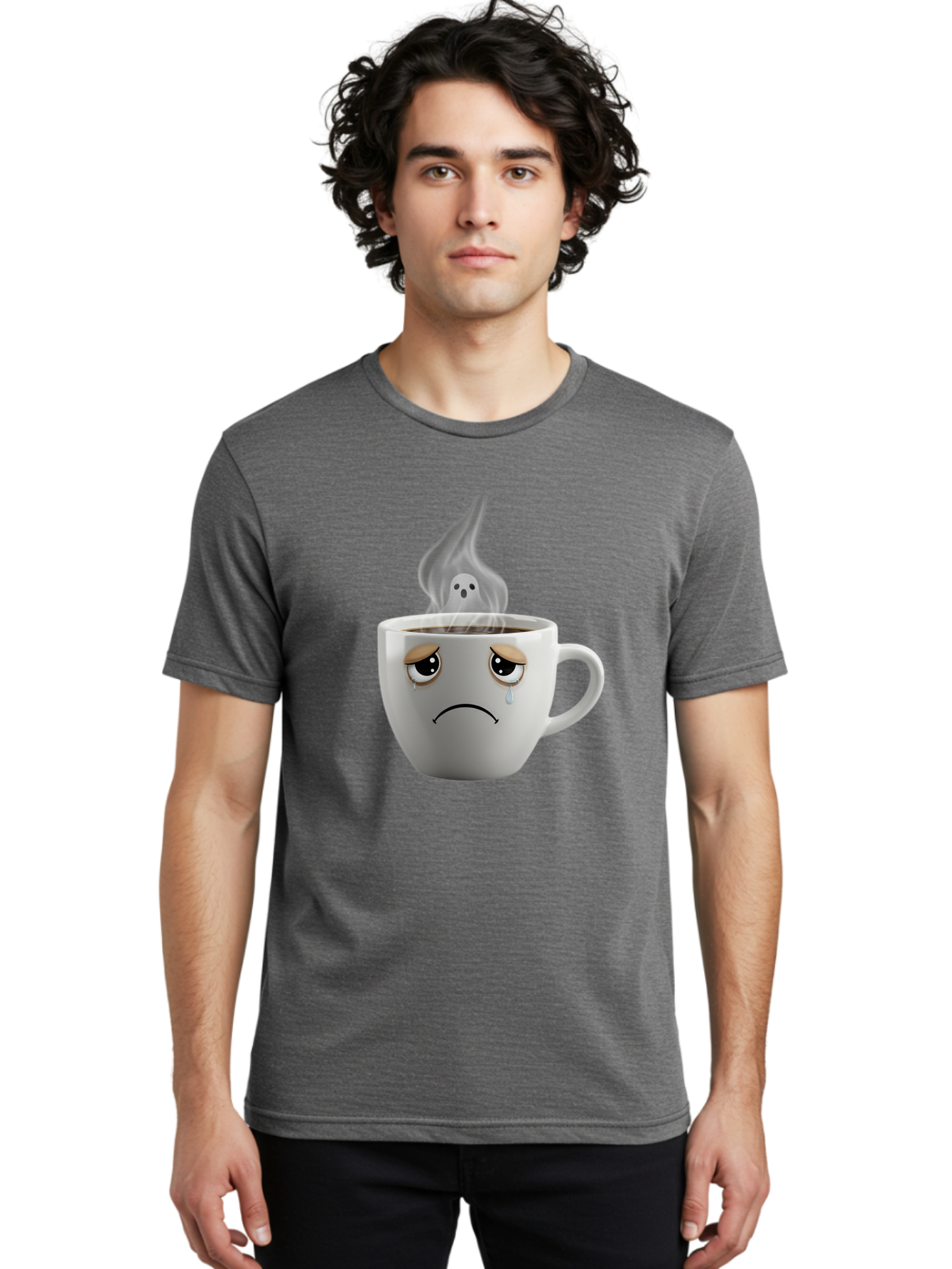 Crying-Coffee-Cup Men'S Graphic Tee, 100% Cotton, Comfortable Casual Summer Wear, Machine Washable, Sad Face Coffee Cup, Steaming Hot Coffee, Ghostly Steam, Coffee Lover, Coffee Culture, Coffee Time, Morning Coffee, Daily Grind Bae422