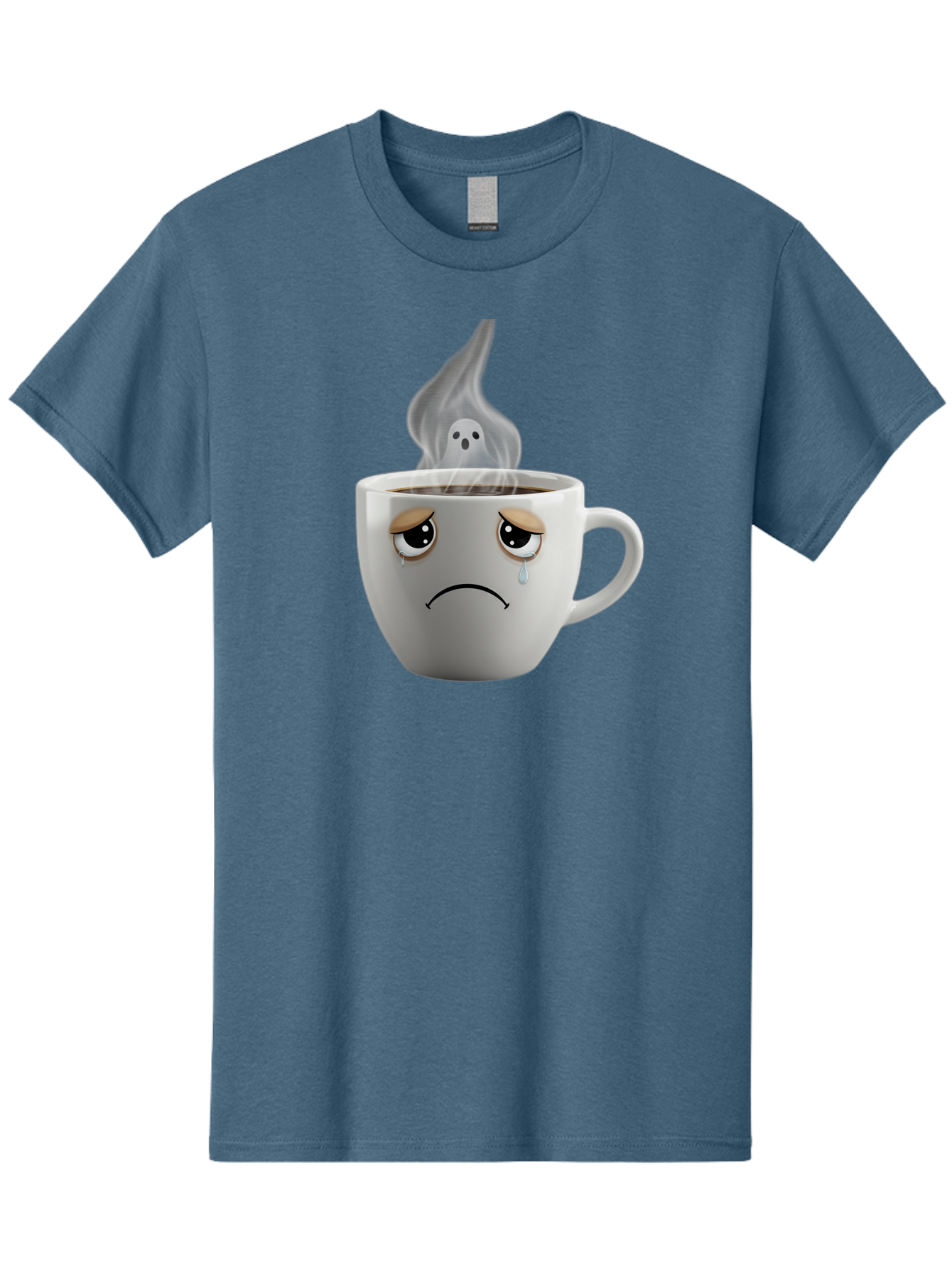 Crying-Coffee-Cup Men'S Graphic Tee, 100% Cotton, Comfortable Casual Summer Wear, Machine Washable, Sad Face Coffee Cup, Steaming Hot Coffee, Ghostly Steam, Coffee Lover, Coffee Culture, Coffee Time, Morning Coffee, Daily Grind Bae422
