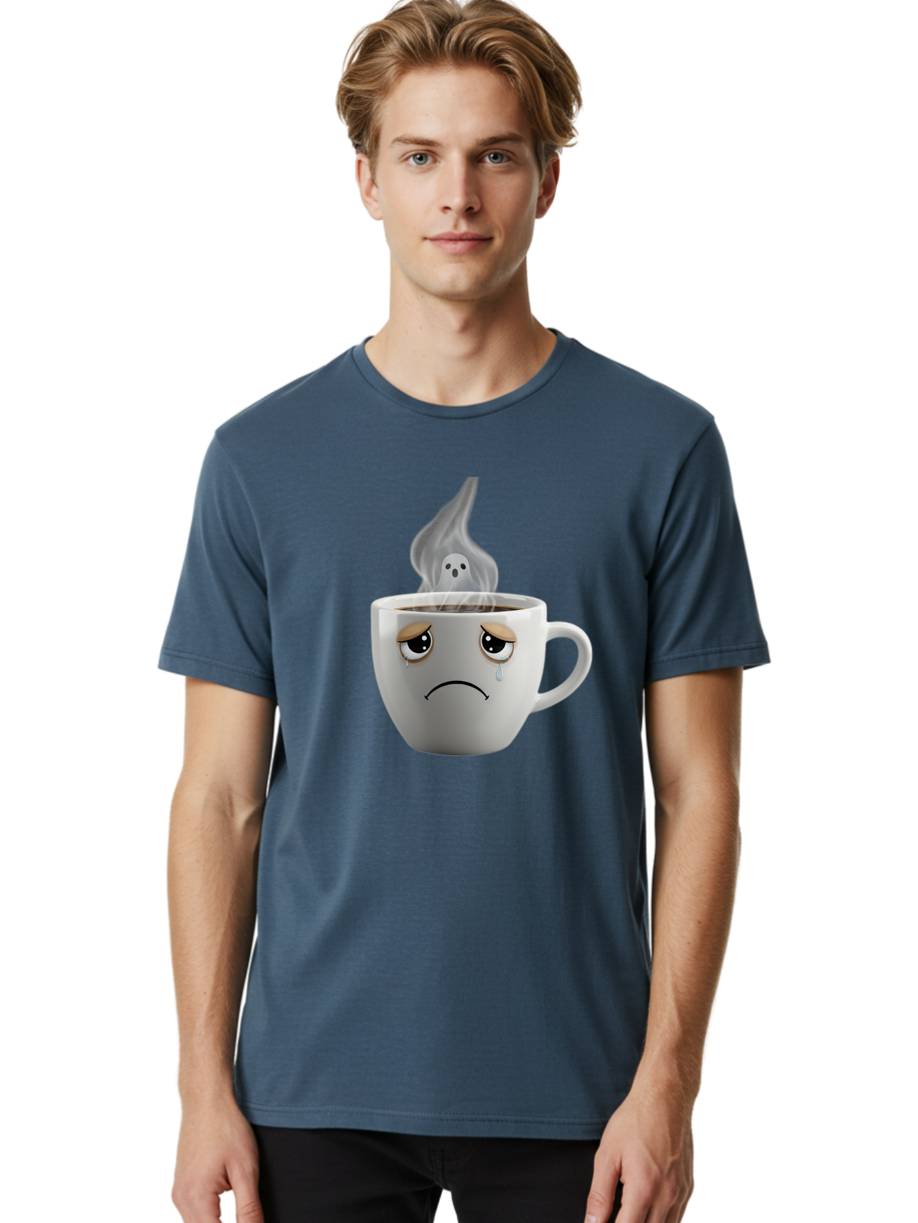 Crying-Coffee-Cup Men'S Graphic Tee, 100% Cotton, Comfortable Casual Summer Wear, Machine Washable, Sad Face Coffee Cup, Steaming Hot Coffee, Ghostly Steam, Coffee Lover, Coffee Culture, Coffee Time, Morning Coffee, Daily Grind Bae422