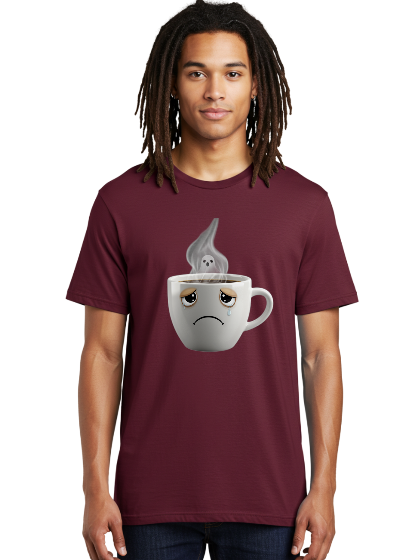 Crying-Coffee-Cup Men'S Graphic Tee, 100% Cotton, Comfortable Casual Summer Wear, Machine Washable, Sad Face Coffee Cup, Steaming Hot Coffee, Ghostly Steam, Coffee Lover, Coffee Culture, Coffee Time, Morning Coffee, Daily Grind Bae422