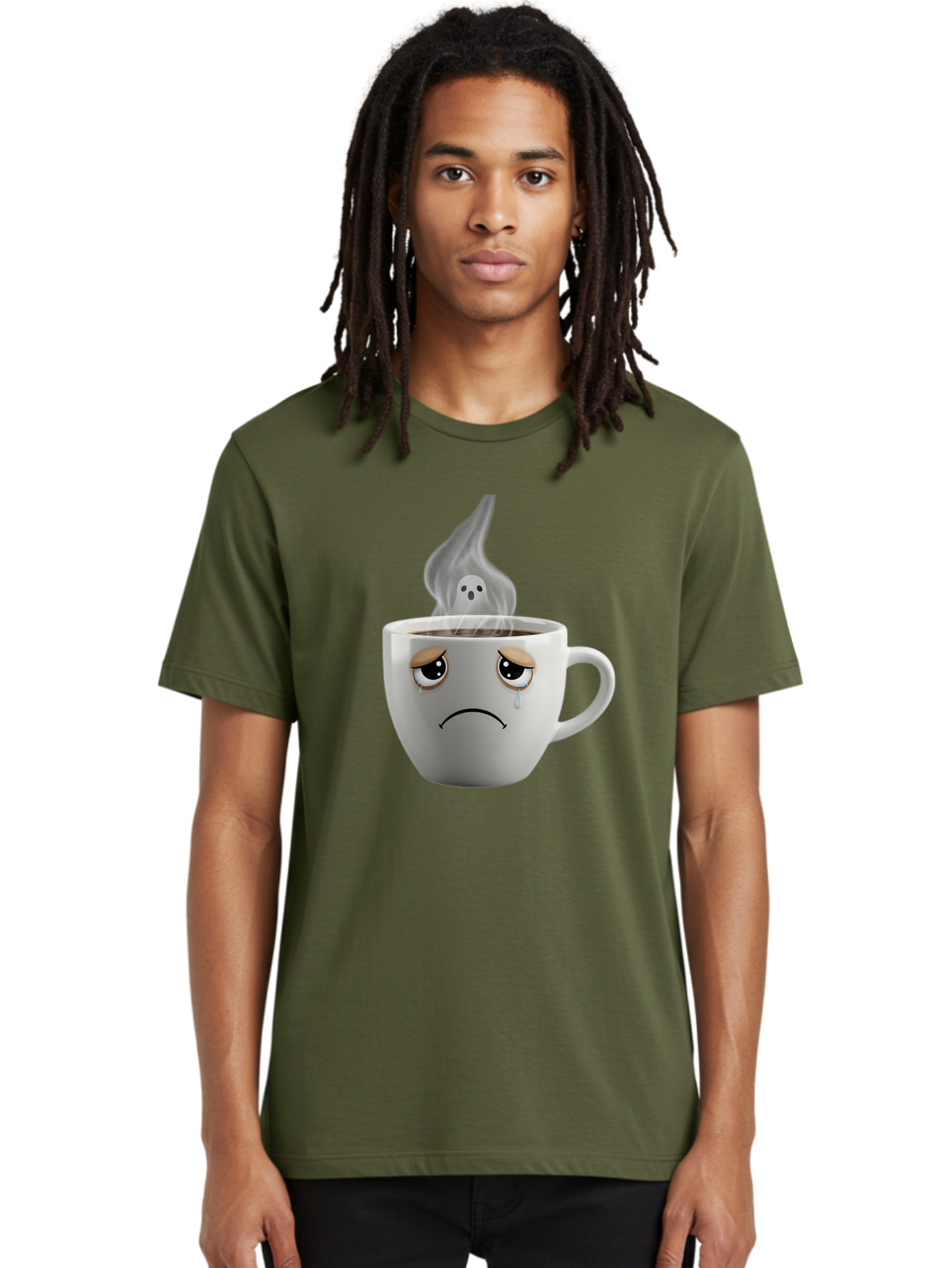 Crying-Coffee-Cup Men'S Graphic Tee, 100% Cotton, Comfortable Casual Summer Wear, Machine Washable, Sad Face Coffee Cup, Steaming Hot Coffee, Ghostly Steam, Coffee Lover, Coffee Culture, Coffee Time, Morning Coffee, Daily Grind Bae422