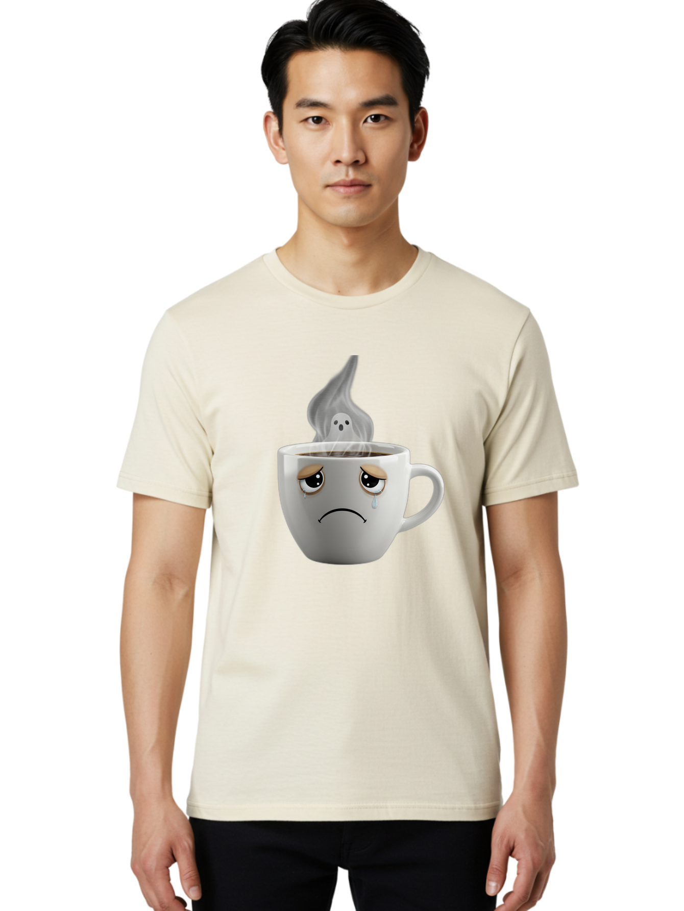 Crying-Coffee-Cup Men'S Graphic Tee, 100% Cotton, Comfortable Casual Summer Wear, Machine Washable, Sad Face Coffee Cup, Steaming Hot Coffee, Ghostly Steam, Coffee Lover, Coffee Culture, Coffee Time, Morning Coffee, Daily Grind Bae422