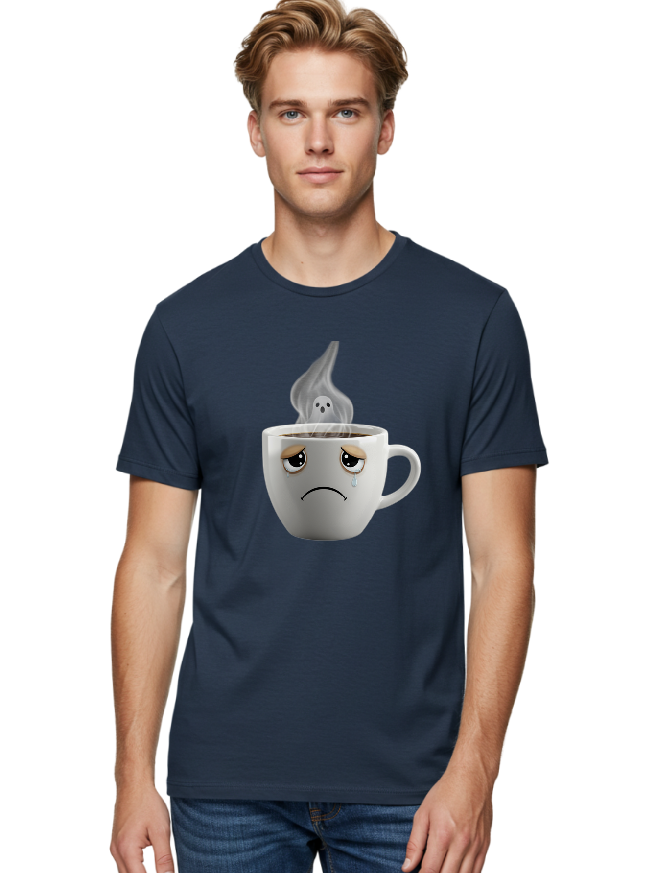 Crying-Coffee-Cup Men'S Graphic Tee, 100% Cotton, Comfortable Casual Summer Wear, Machine Washable, Sad Face Coffee Cup, Steaming Hot Coffee, Ghostly Steam, Coffee Lover, Coffee Culture, Coffee Time, Morning Coffee, Daily Grind Bae422
