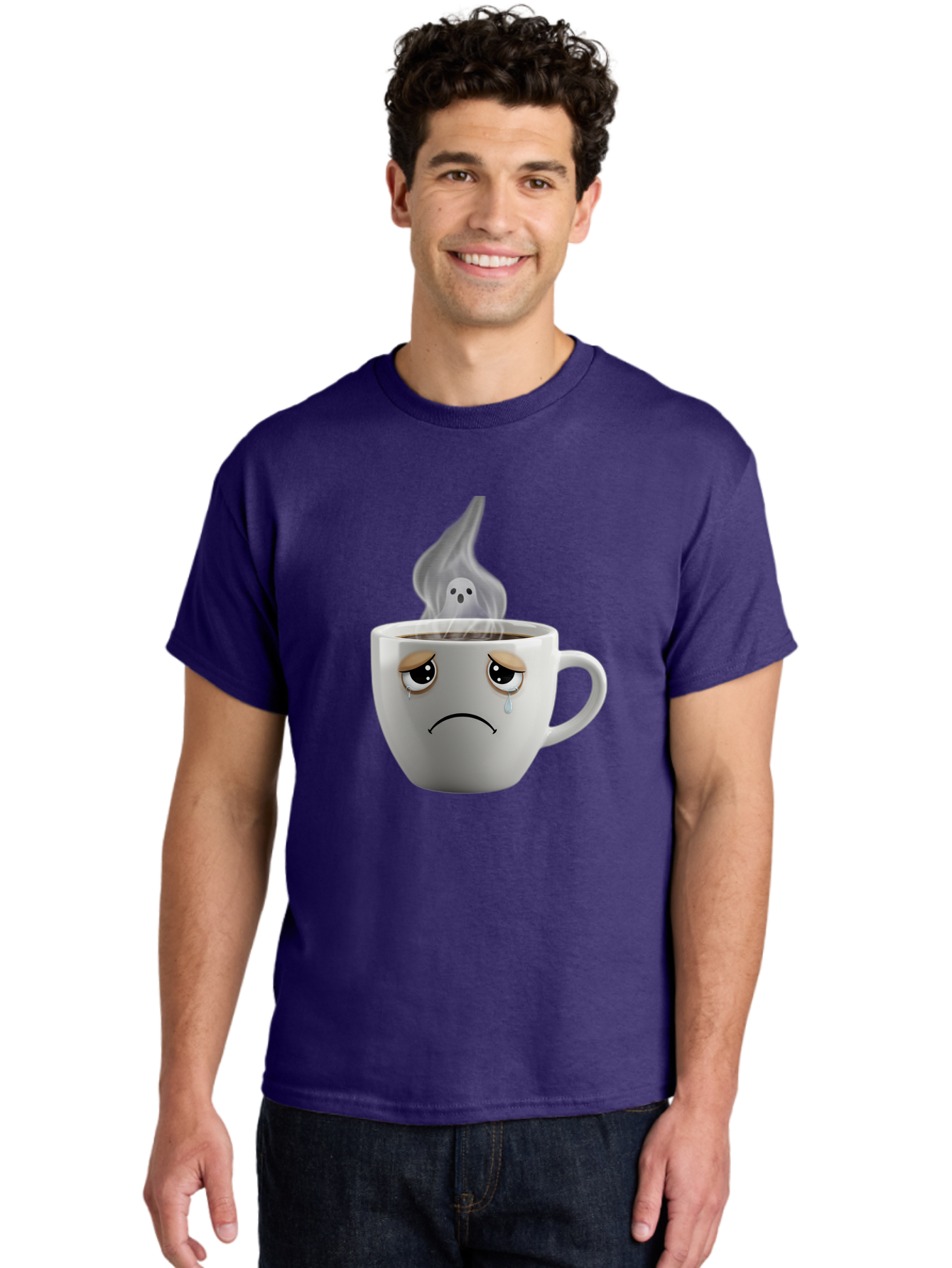 Crying-Coffee-Cup Men'S Graphic Tee, 100% Cotton, Comfortable Casual Summer Wear, Machine Washable, Sad Face Coffee Cup, Steaming Hot Coffee, Ghostly Steam, Coffee Lover, Coffee Culture, Coffee Time, Morning Coffee, Daily Grind Bae422