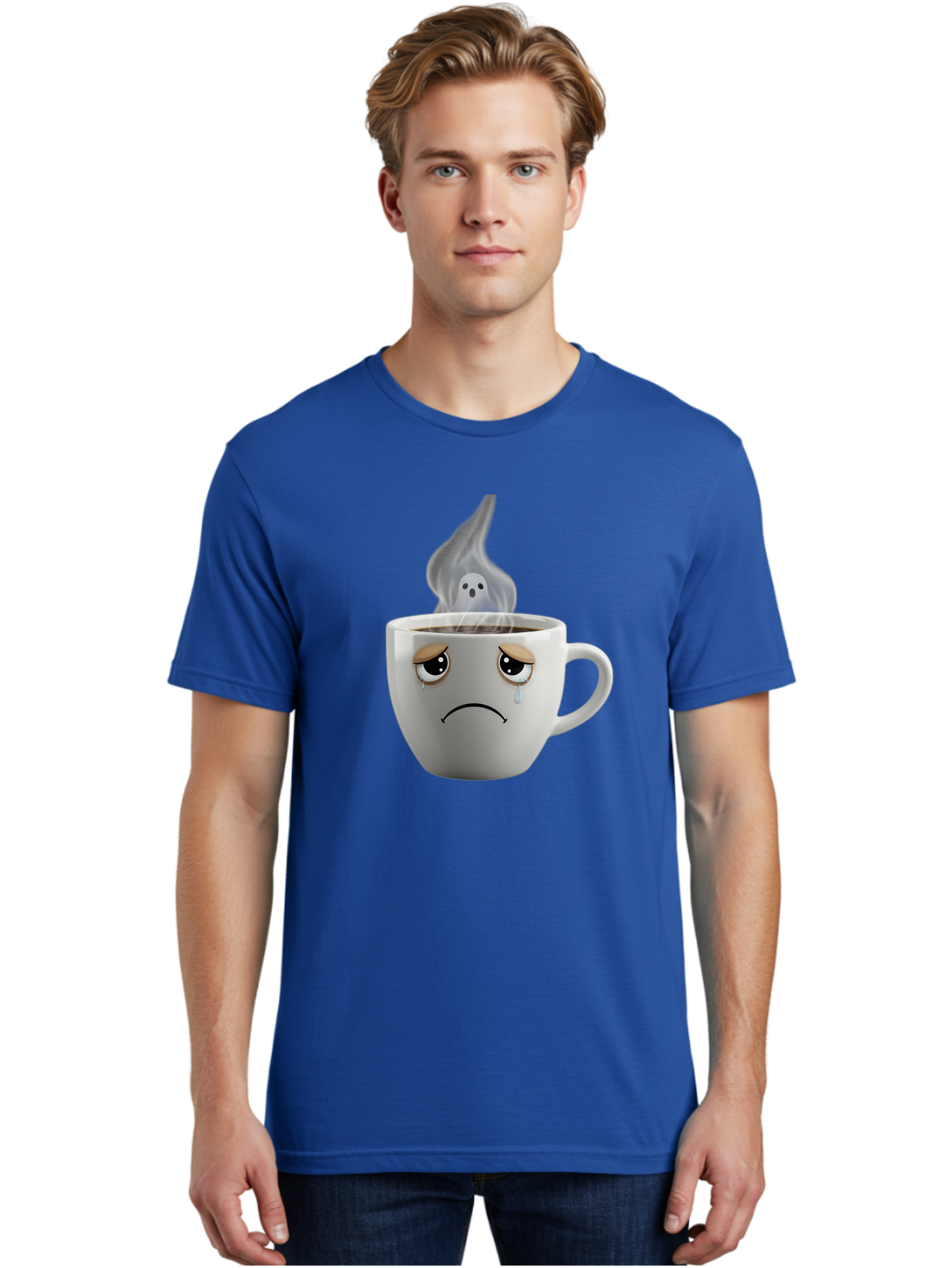 Crying-Coffee-Cup Men'S Graphic Tee, 100% Cotton, Comfortable Casual Summer Wear, Machine Washable, Sad Face Coffee Cup, Steaming Hot Coffee, Ghostly Steam, Coffee Lover, Coffee Culture, Coffee Time, Morning Coffee, Daily Grind Bae422