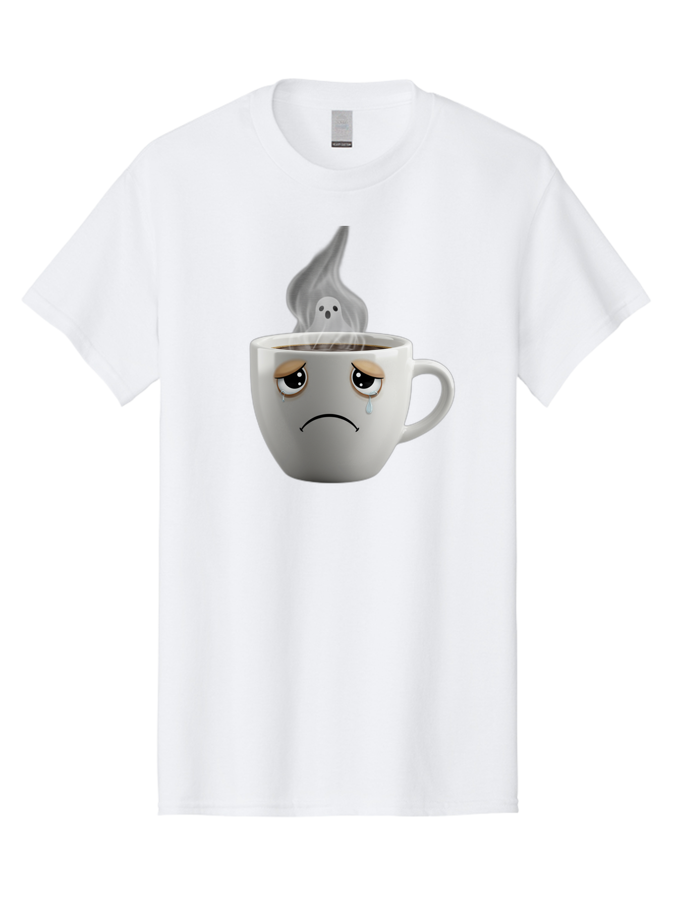 Crying-Coffee-Cup Men'S Graphic Tee, 100% Cotton, Comfortable Casual Summer Wear, Machine Washable, Sad Face Coffee Cup, Steaming Hot Coffee, Ghostly Steam, Coffee Lover, Coffee Culture, Coffee Time, Morning Coffee, Daily Grind Bae422