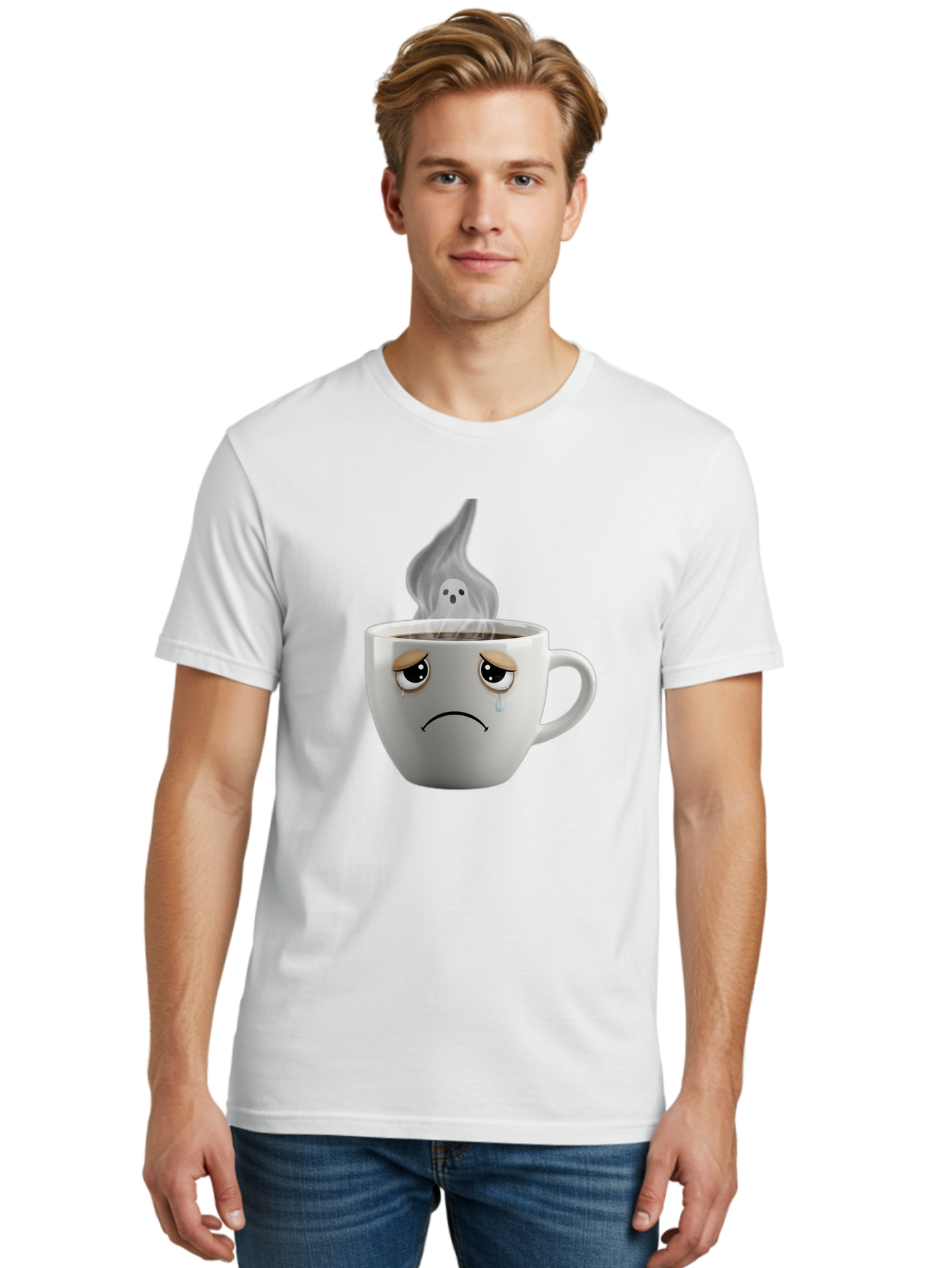 Crying-Coffee-Cup Men'S Graphic Tee, 100% Cotton, Comfortable Casual Summer Wear, Machine Washable, Sad Face Coffee Cup, Steaming Hot Coffee, Ghostly Steam, Coffee Lover, Coffee Culture, Coffee Time, Morning Coffee, Daily Grind Bae422