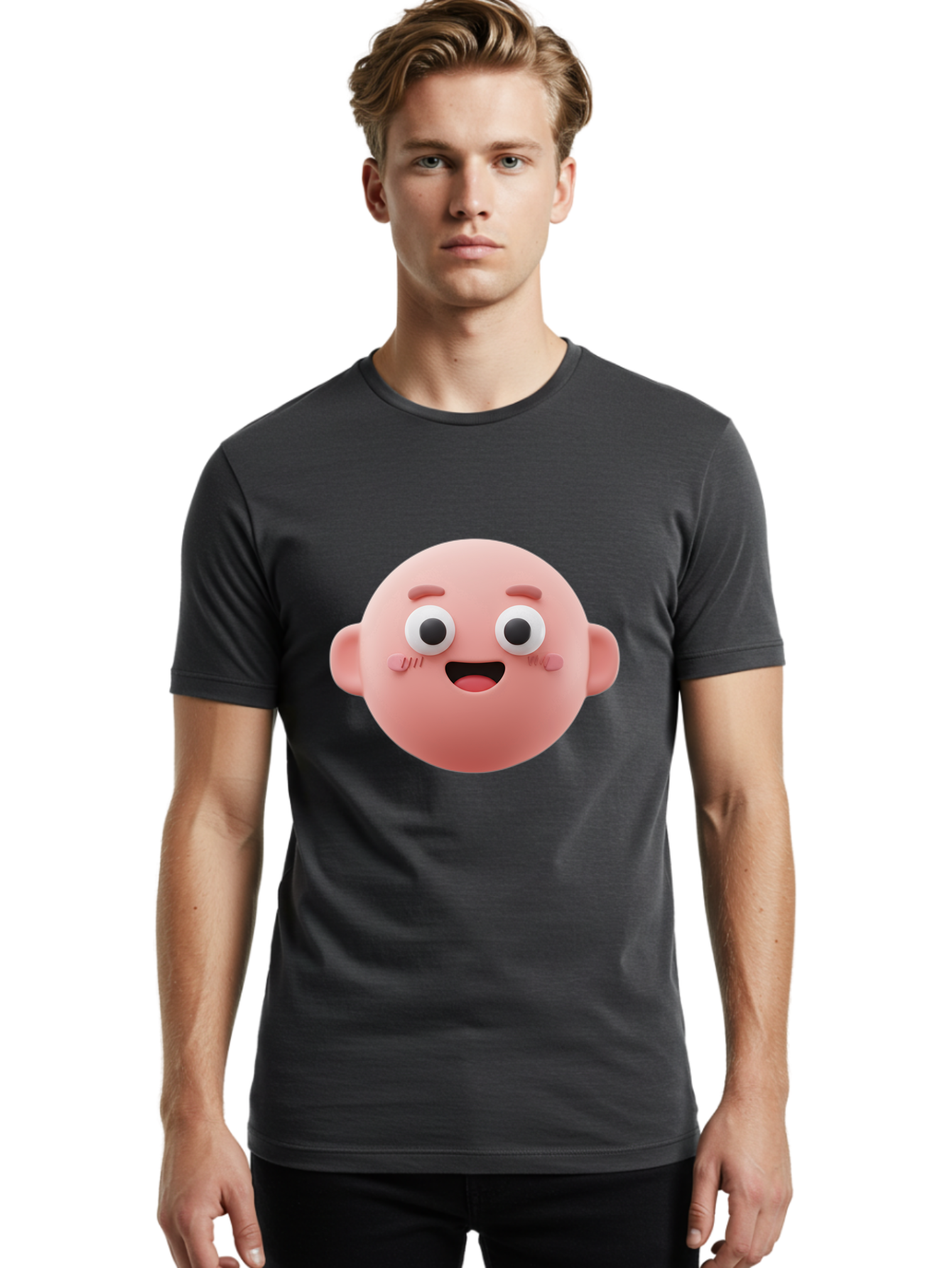 Cute-3D-Emoji-Face Men'S Graphic Tee, 100% Cotton, Comfortable Casual Summer Wear, Machine Washable, Smiling Face, Cartoon Character, Pink Hue, Cheerful Expression, Wide Eyes, Smiling Mouth, Rosy Cheeks, Cute Emoji, Playful Design, Funny Face Bae423