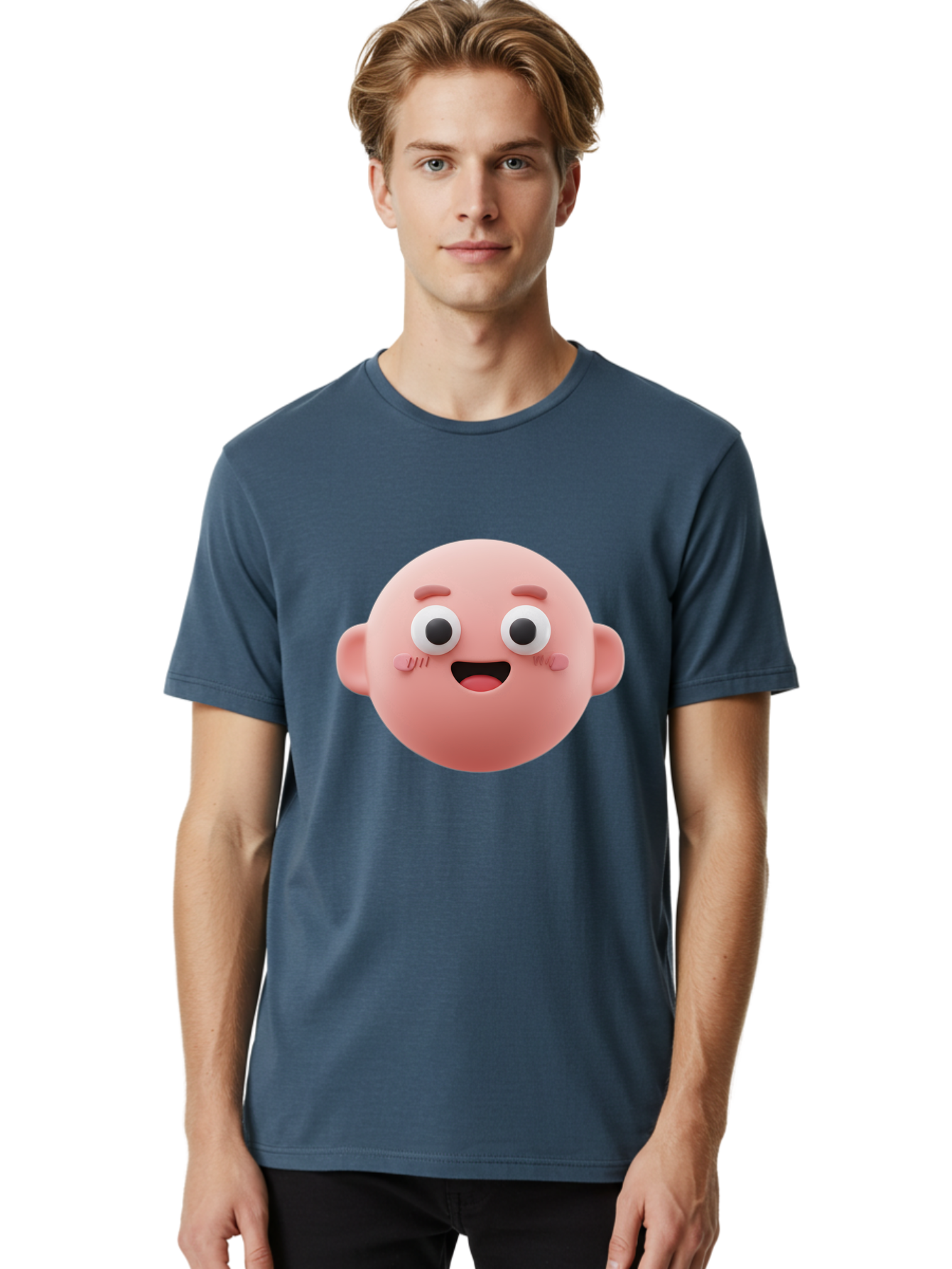 Cute-3D-Emoji-Face Men'S Graphic Tee, 100% Cotton, Comfortable Casual Summer Wear, Machine Washable, Smiling Face, Cartoon Character, Pink Hue, Cheerful Expression, Wide Eyes, Smiling Mouth, Rosy Cheeks, Cute Emoji, Playful Design, Funny Face Bae423