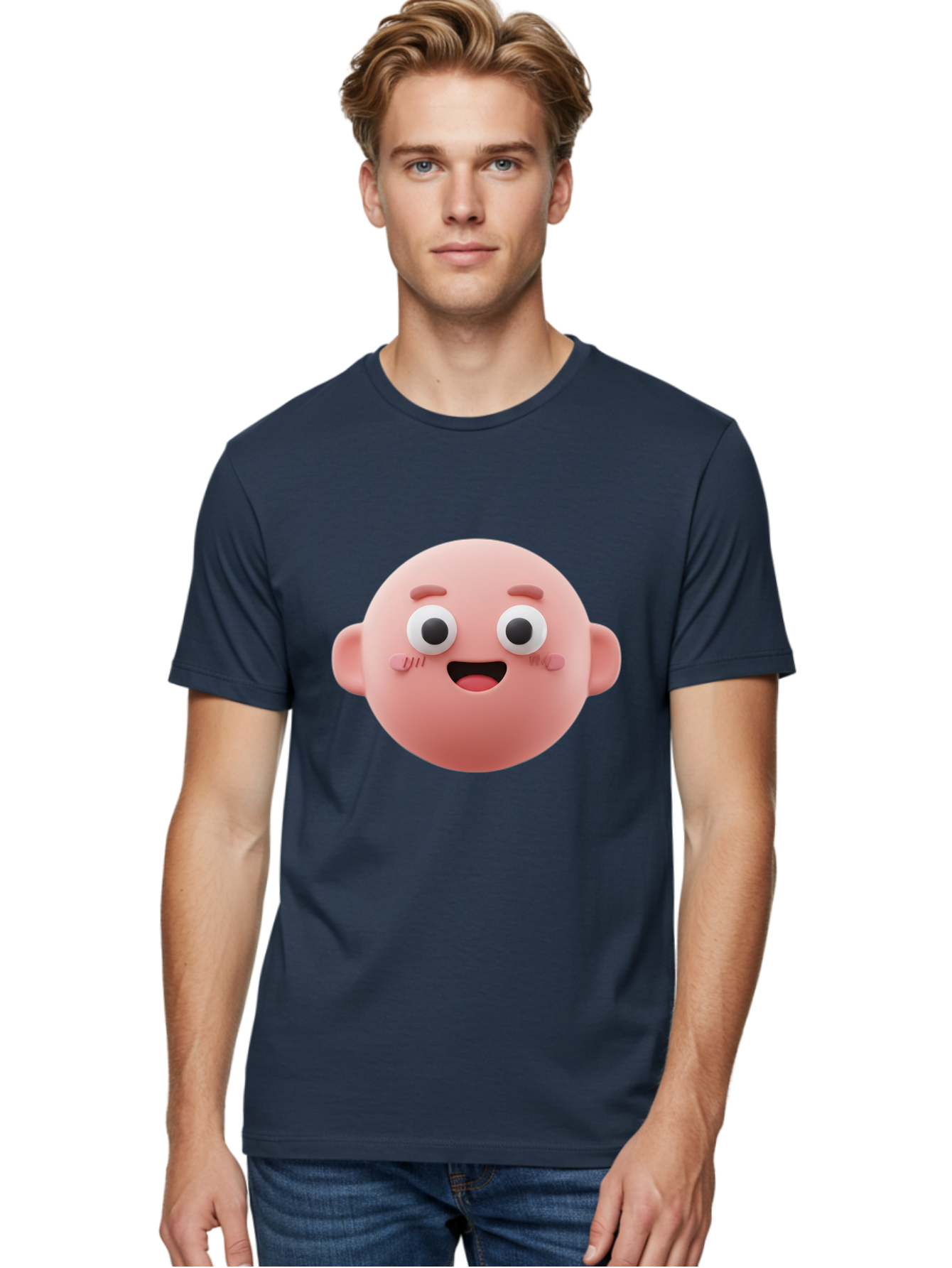 Cute-3D-Emoji-Face Men'S Graphic Tee, 100% Cotton, Comfortable Casual Summer Wear, Machine Washable, Smiling Face, Cartoon Character, Pink Hue, Cheerful Expression, Wide Eyes, Smiling Mouth, Rosy Cheeks, Cute Emoji, Playful Design, Funny Face Bae423