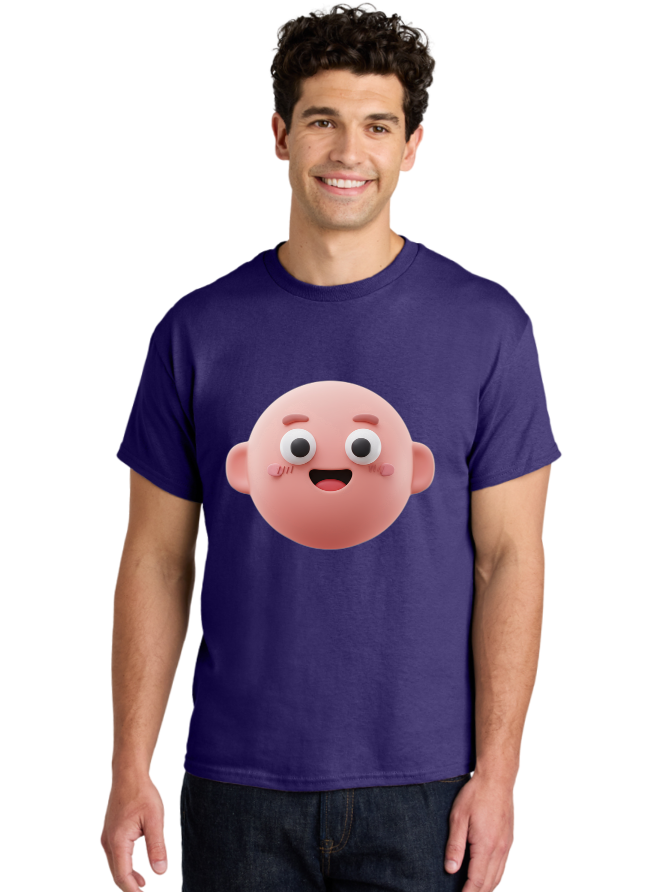 Cute-3D-Emoji-Face Men'S Graphic Tee, 100% Cotton, Comfortable Casual Summer Wear, Machine Washable, Smiling Face, Cartoon Character, Pink Hue, Cheerful Expression, Wide Eyes, Smiling Mouth, Rosy Cheeks, Cute Emoji, Playful Design, Funny Face Bae423