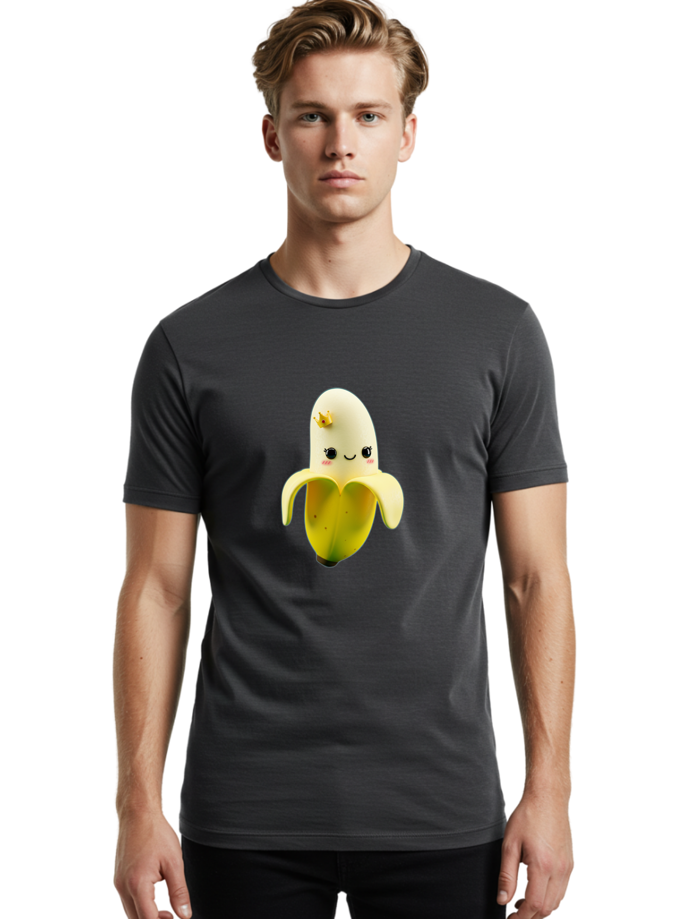 Cute-Banana Men'S Graphic Tee, 100% Cotton, Comfortable Casual Summer Wear, Machine Washable, Cartoon Banana Character, Cute Fruit Design, Banana Prince, Kawaii Fruit, Adorable Banana, Funny Fruit Character, Yellow Fruit, Smiling Banana Bae424