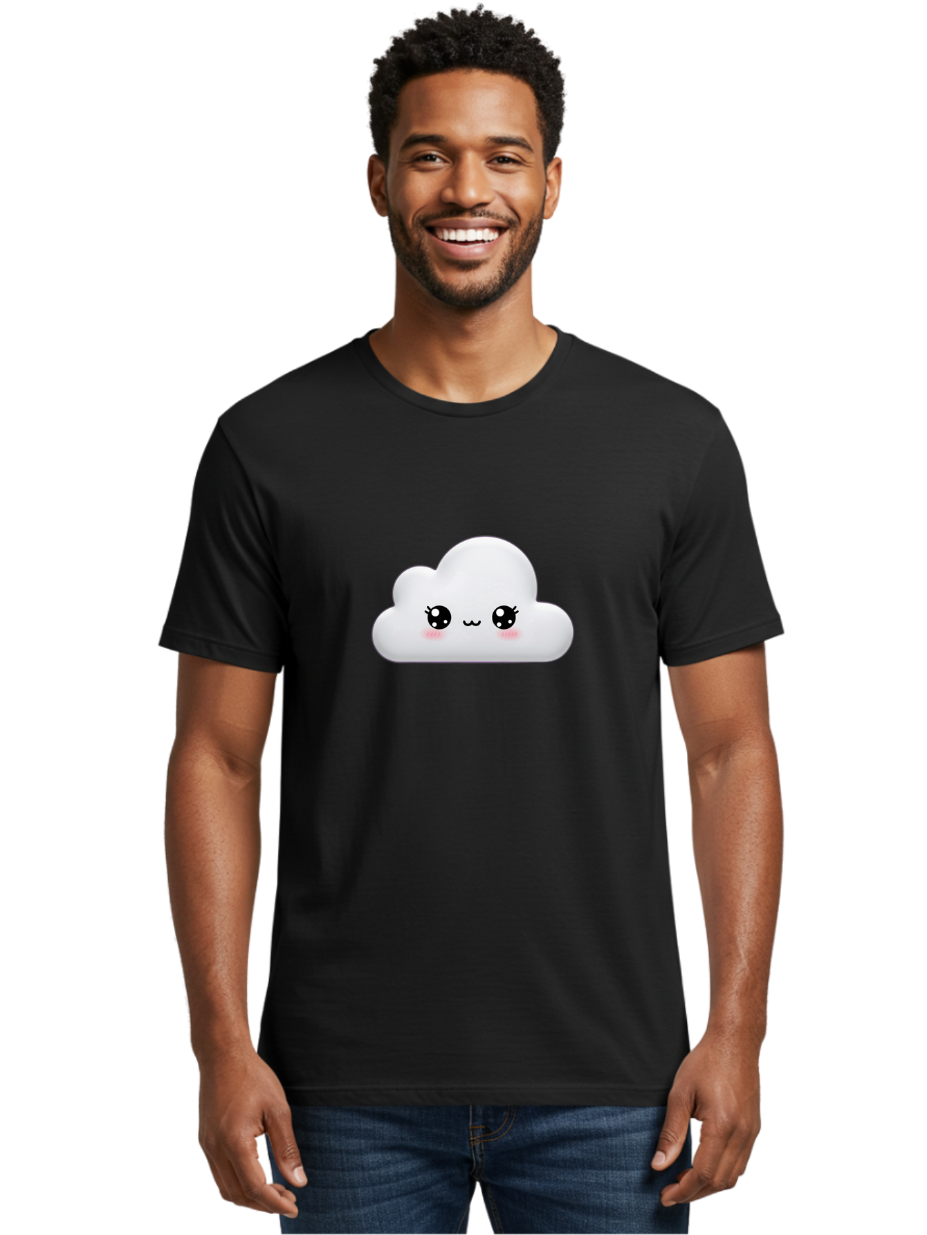 Cute-Cloud-1 Men'S Graphic Tee, 100% Cotton, Comfortable Casual Summer Wear, Machine Washable, Cartoon Cloud, Cute Character, Kawaii Illustration, Adorable Design, Fluffy Cloud, Smiling Face, Pink Cheeks, Eyelashes, Childlike Charm, Bae425