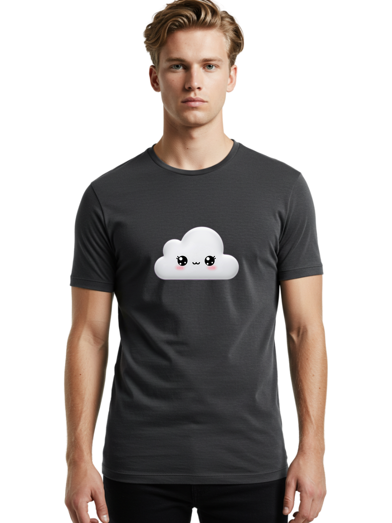 Cute-Cloud-1 Men'S Graphic Tee, 100% Cotton, Comfortable Casual Summer Wear, Machine Washable, Cartoon Cloud, Cute Character, Kawaii Illustration, Adorable Design, Fluffy Cloud, Smiling Face, Pink Cheeks, Eyelashes, Childlike Charm, Bae425
