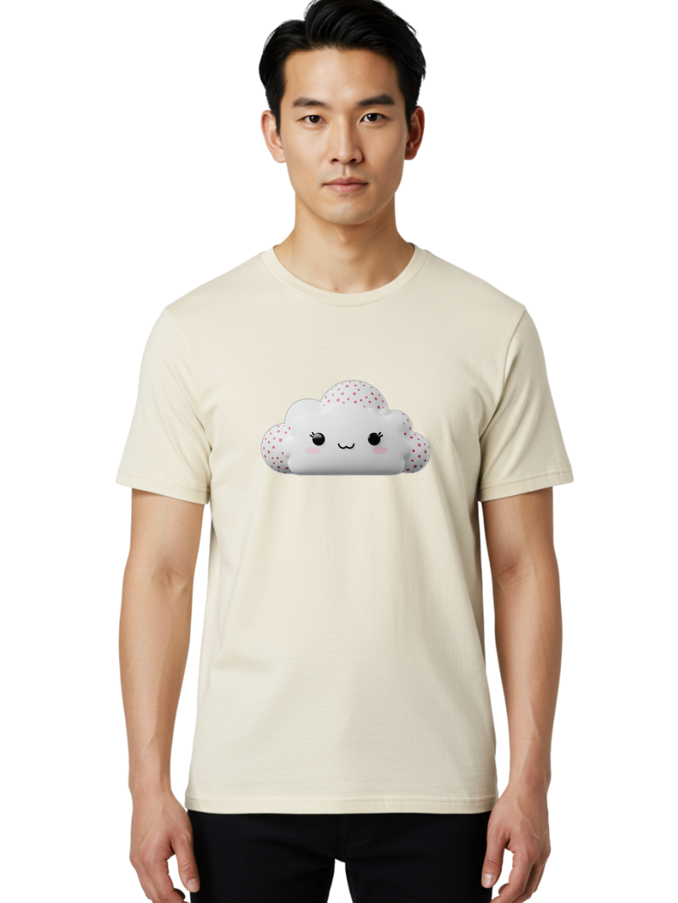Cute-Cloud-3 Men'S Graphic Tee, 100% Cotton, Comfortable Casual Summer Wear, Machine Washable, Cute Cartoon Cloud, Fluffy White Cloud, Pink Polka Dots, Smiling Face, Black Eyes, Eyelashes, Rosy Cheeks, Kawaii Character, Digital Illustration, Bae427