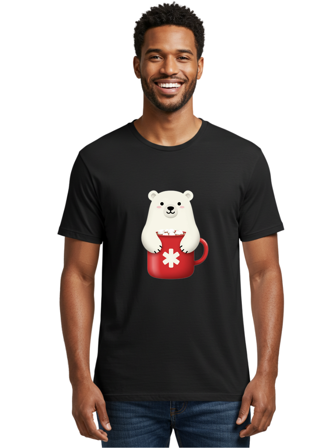 Cute-Panda-In-Cup Men'S Graphic Tee, 100% Cotton, Comfortable Casual Summer Wear, Machine Washable, White Polar Bear, Holding Red Mug, Marshmallows, Cute Cartoon Character, Winter Drink, Hot Chocolate, Medical Symbol Bae430
