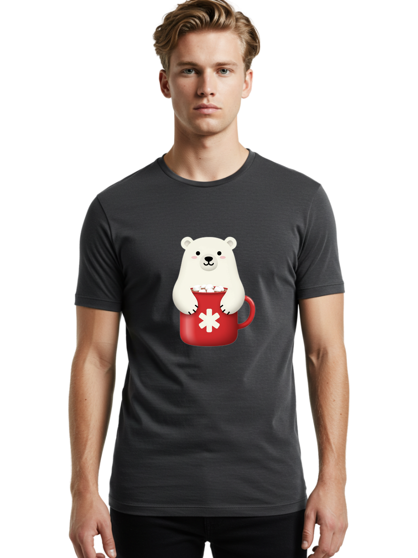 Cute-Panda-In-Cup Men'S Graphic Tee, 100% Cotton, Comfortable Casual Summer Wear, Machine Washable, White Polar Bear, Holding Red Mug, Marshmallows, Cute Cartoon Character, Winter Drink, Hot Chocolate, Medical Symbol Bae430
