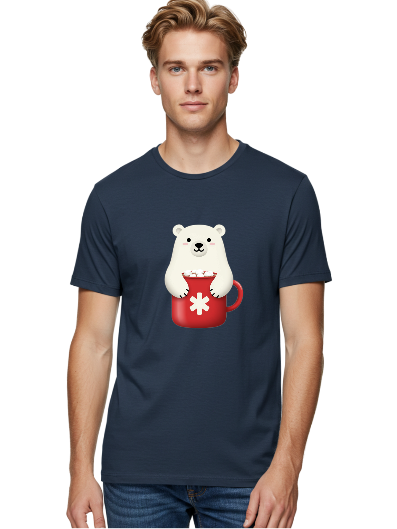 Cute-Panda-In-Cup Men'S Graphic Tee, 100% Cotton, Comfortable Casual Summer Wear, Machine Washable, White Polar Bear, Holding Red Mug, Marshmallows, Cute Cartoon Character, Winter Drink, Hot Chocolate, Medical Symbol Bae430