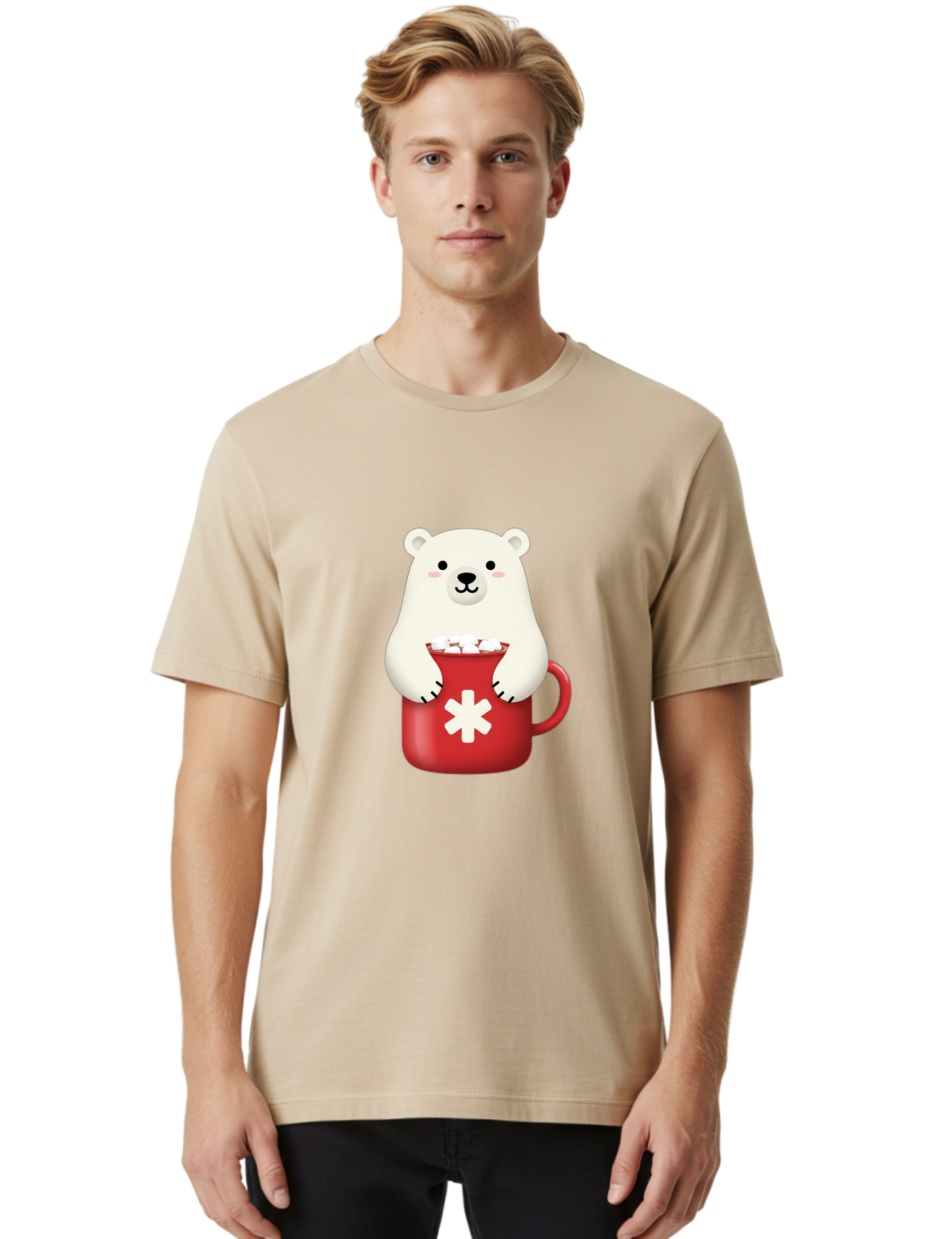 Cute-Panda-In-Cup Men'S Graphic Tee, 100% Cotton, Comfortable Casual Summer Wear, Machine Washable, White Polar Bear, Holding Red Mug, Marshmallows, Cute Cartoon Character, Winter Drink, Hot Chocolate, Medical Symbol Bae430