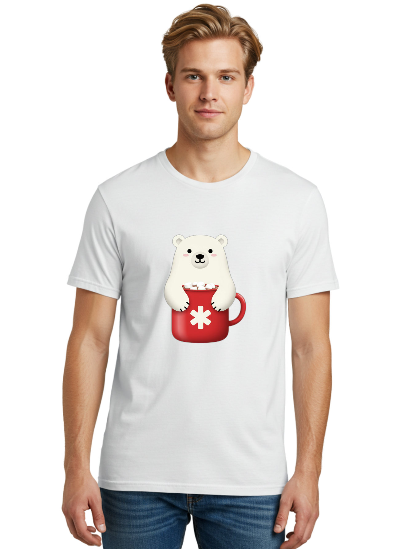 Cute-Panda-In-Cup Men'S Graphic Tee, 100% Cotton, Comfortable Casual Summer Wear, Machine Washable, White Polar Bear, Holding Red Mug, Marshmallows, Cute Cartoon Character, Winter Drink, Hot Chocolate, Medical Symbol Bae430