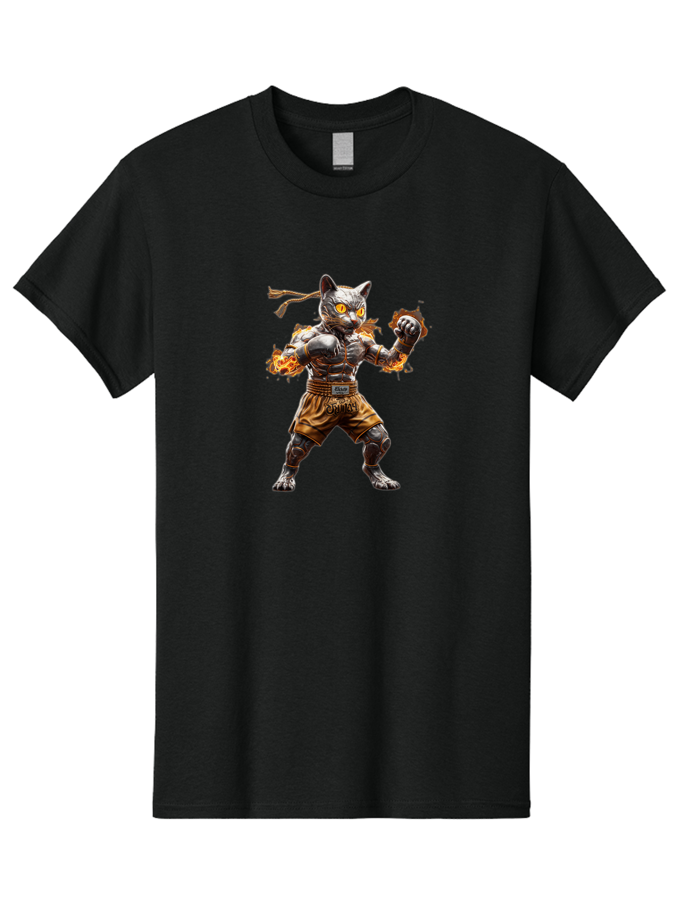 Cyber-Cat Men'S Graphic Tee, 100% Cotton, Comfortable Casual Summer Wear, Machine Washable, Anime Style Robot Cat, Martial Arts Pose, Futuristic Warrior, Cybernetic Feline, Orange Eyes Glowing, Ninja Costume, Fiery Aura, Dynamic Action, Bae431