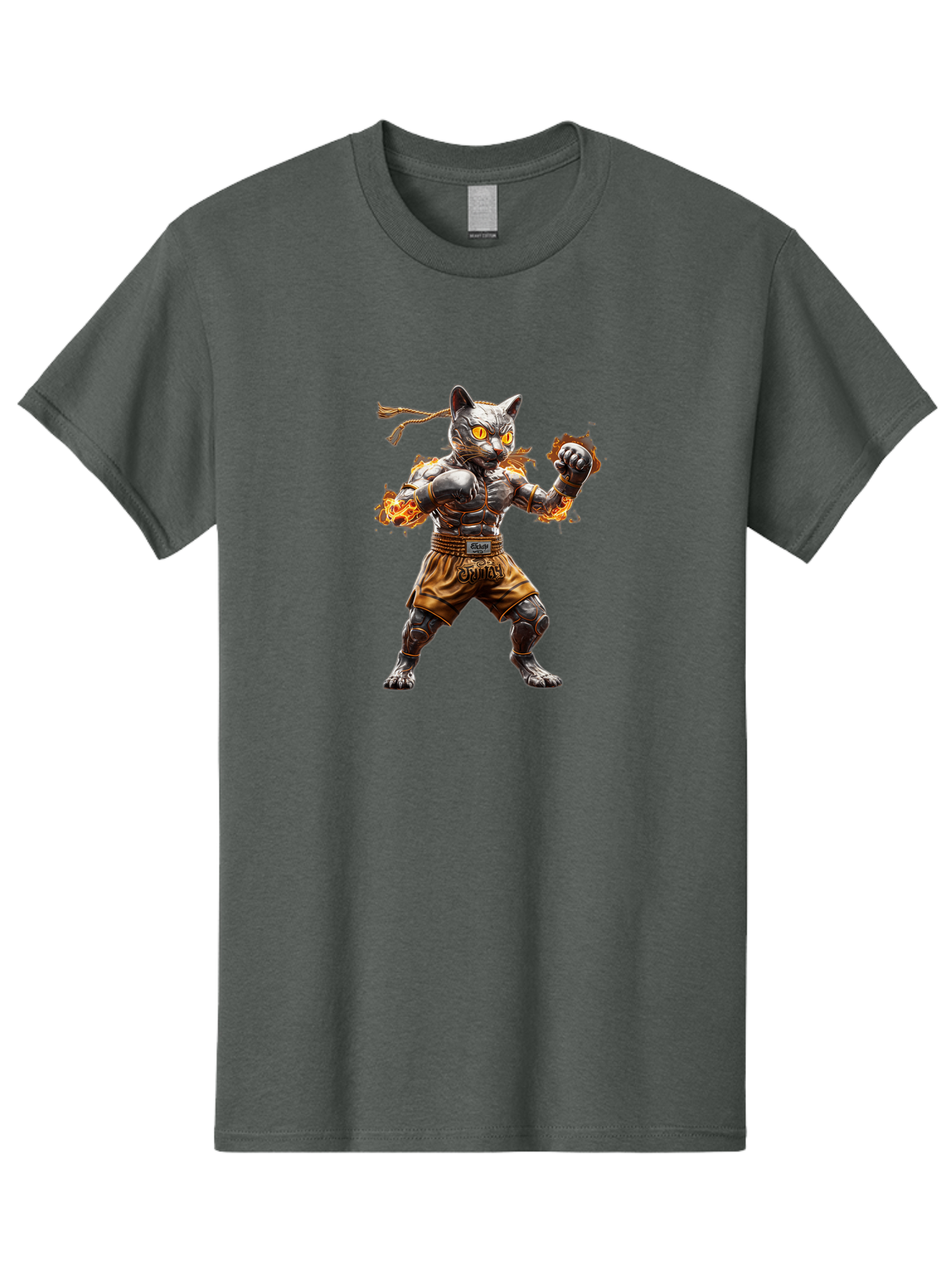 Cyber-Cat Men'S Graphic Tee, 100% Cotton, Comfortable Casual Summer Wear, Machine Washable, Anime Style Robot Cat, Martial Arts Pose, Futuristic Warrior, Cybernetic Feline, Orange Eyes Glowing, Ninja Costume, Fiery Aura, Dynamic Action, Bae431