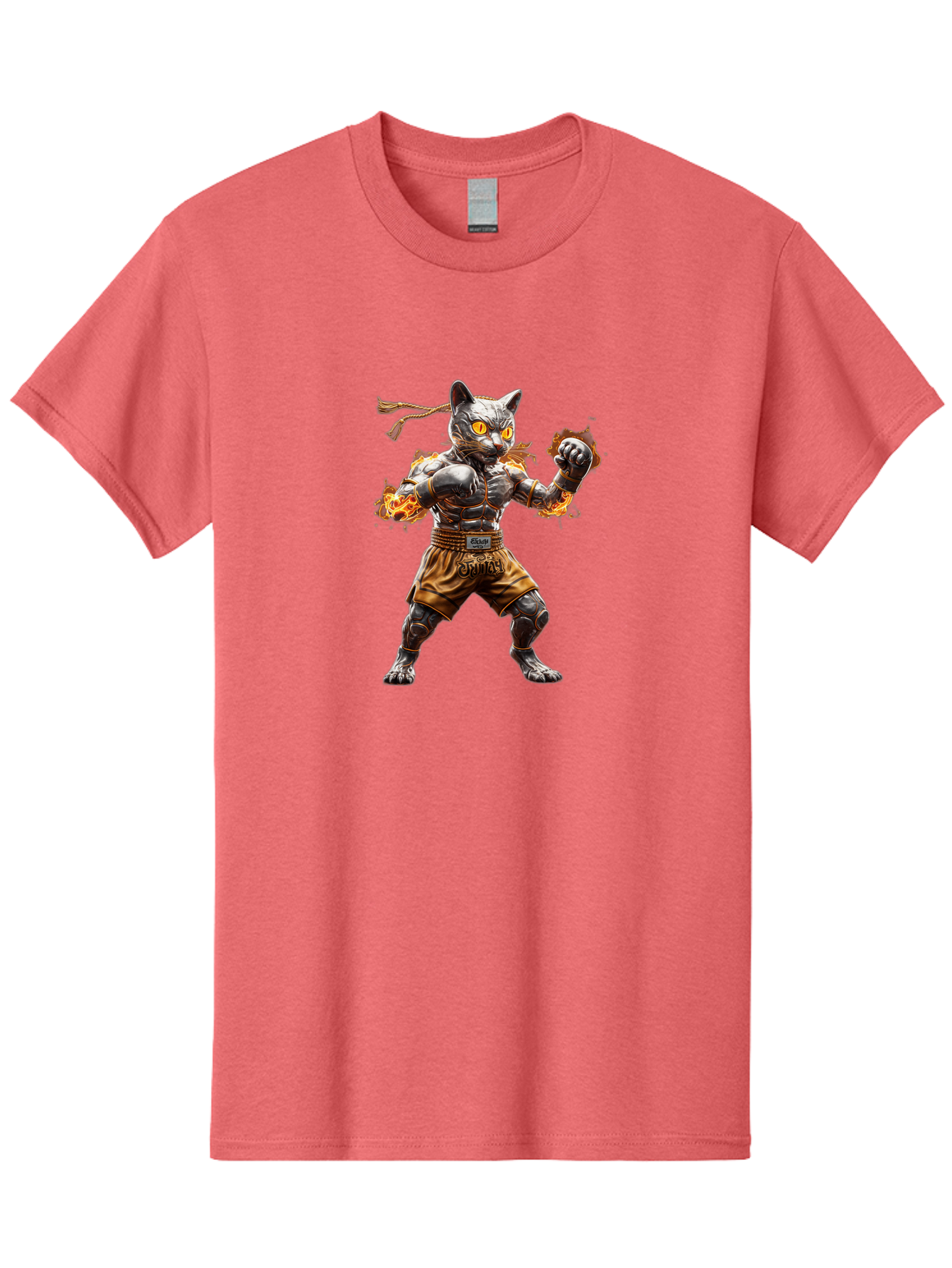 Cyber-Cat Men'S Graphic Tee, 100% Cotton, Comfortable Casual Summer Wear, Machine Washable, Anime Style Robot Cat, Martial Arts Pose, Futuristic Warrior, Cybernetic Feline, Orange Eyes Glowing, Ninja Costume, Fiery Aura, Dynamic Action, Bae431