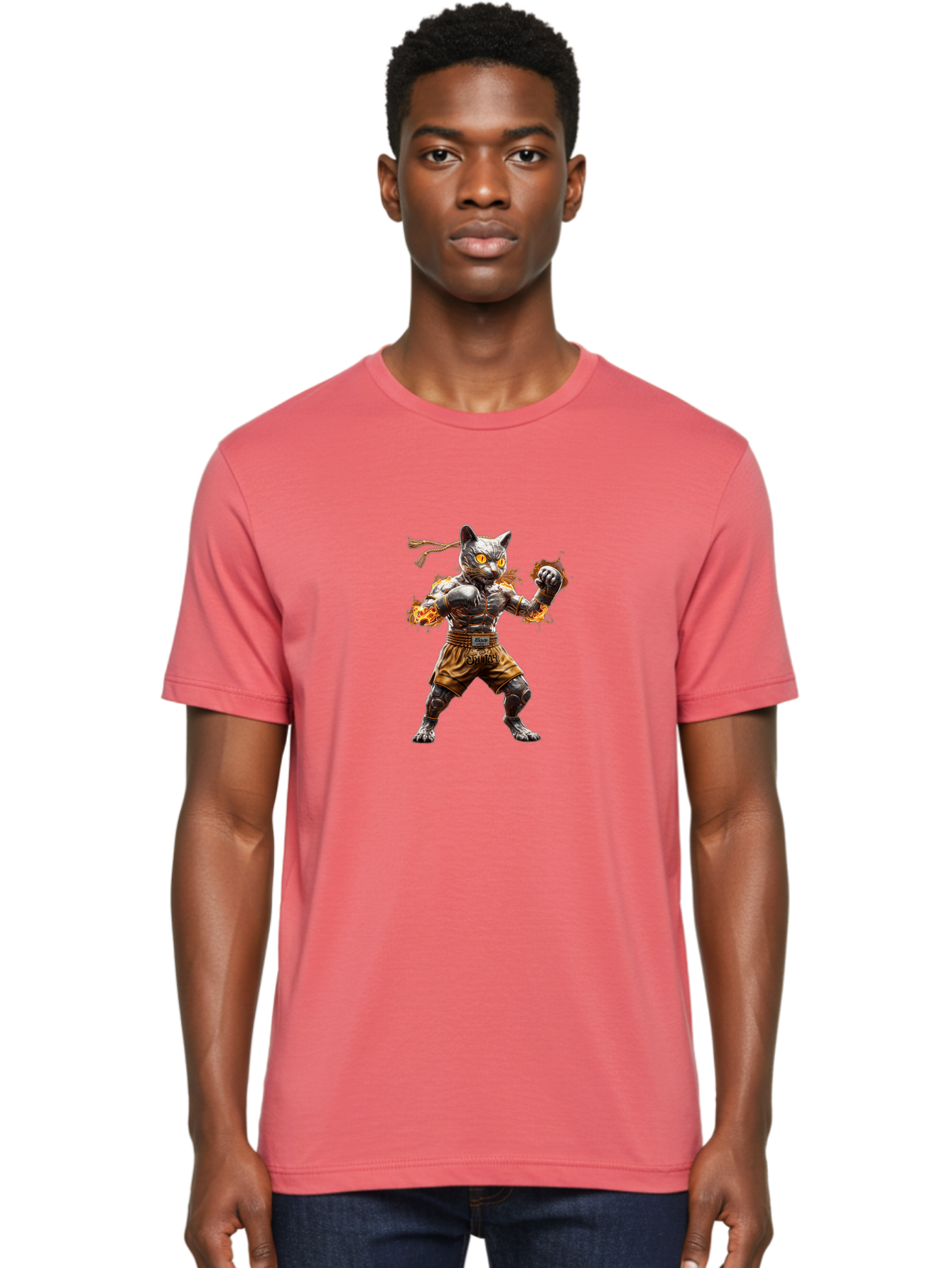 Cyber-Cat Men'S Graphic Tee, 100% Cotton, Comfortable Casual Summer Wear, Machine Washable, Anime Style Robot Cat, Martial Arts Pose, Futuristic Warrior, Cybernetic Feline, Orange Eyes Glowing, Ninja Costume, Fiery Aura, Dynamic Action, Bae431