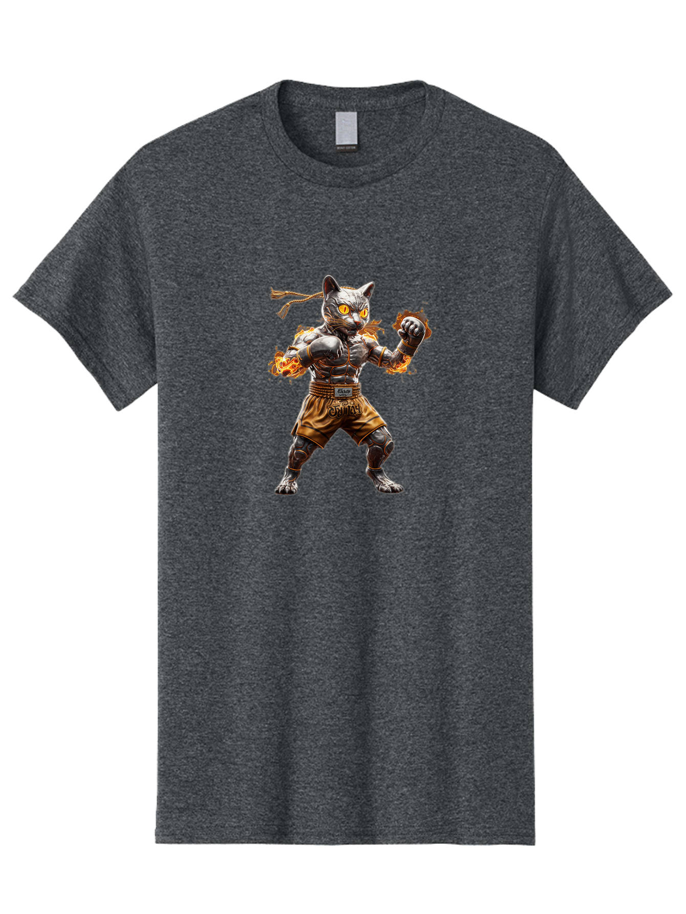 Cyber-Cat Men'S Graphic Tee, 100% Cotton, Comfortable Casual Summer Wear, Machine Washable, Anime Style Robot Cat, Martial Arts Pose, Futuristic Warrior, Cybernetic Feline, Orange Eyes Glowing, Ninja Costume, Fiery Aura, Dynamic Action, Bae431