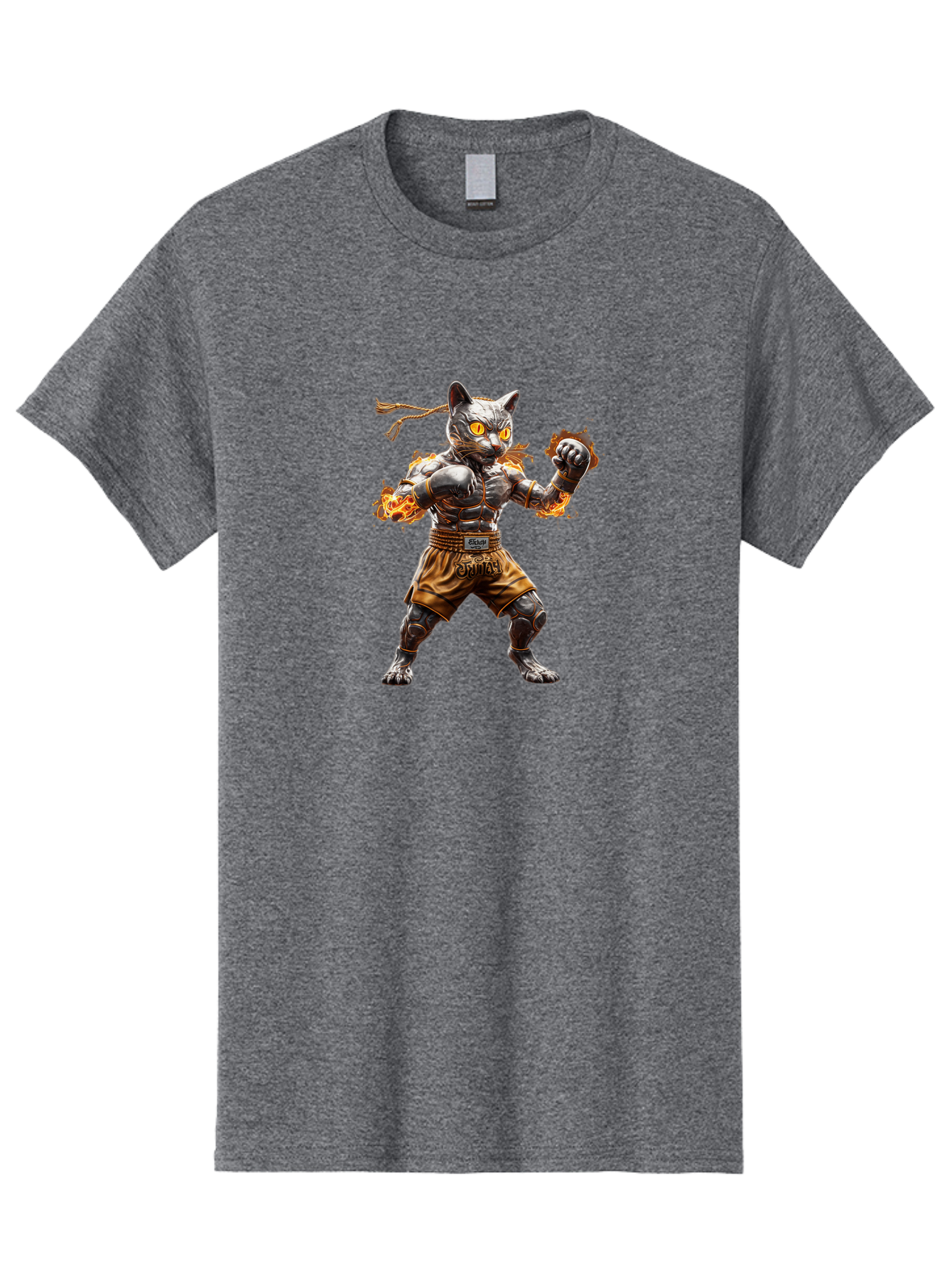 Cyber-Cat Men'S Graphic Tee, 100% Cotton, Comfortable Casual Summer Wear, Machine Washable, Anime Style Robot Cat, Martial Arts Pose, Futuristic Warrior, Cybernetic Feline, Orange Eyes Glowing, Ninja Costume, Fiery Aura, Dynamic Action, Bae431