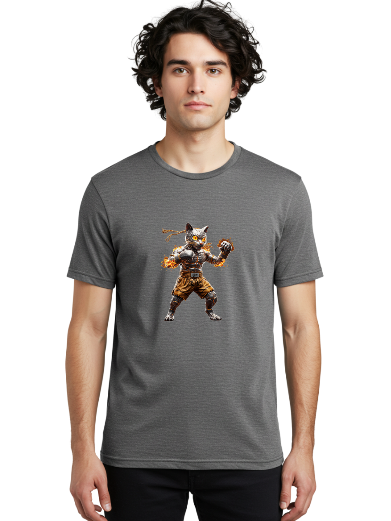 Cyber-Cat Men'S Graphic Tee, 100% Cotton, Comfortable Casual Summer Wear, Machine Washable, Anime Style Robot Cat, Martial Arts Pose, Futuristic Warrior, Cybernetic Feline, Orange Eyes Glowing, Ninja Costume, Fiery Aura, Dynamic Action, Bae431