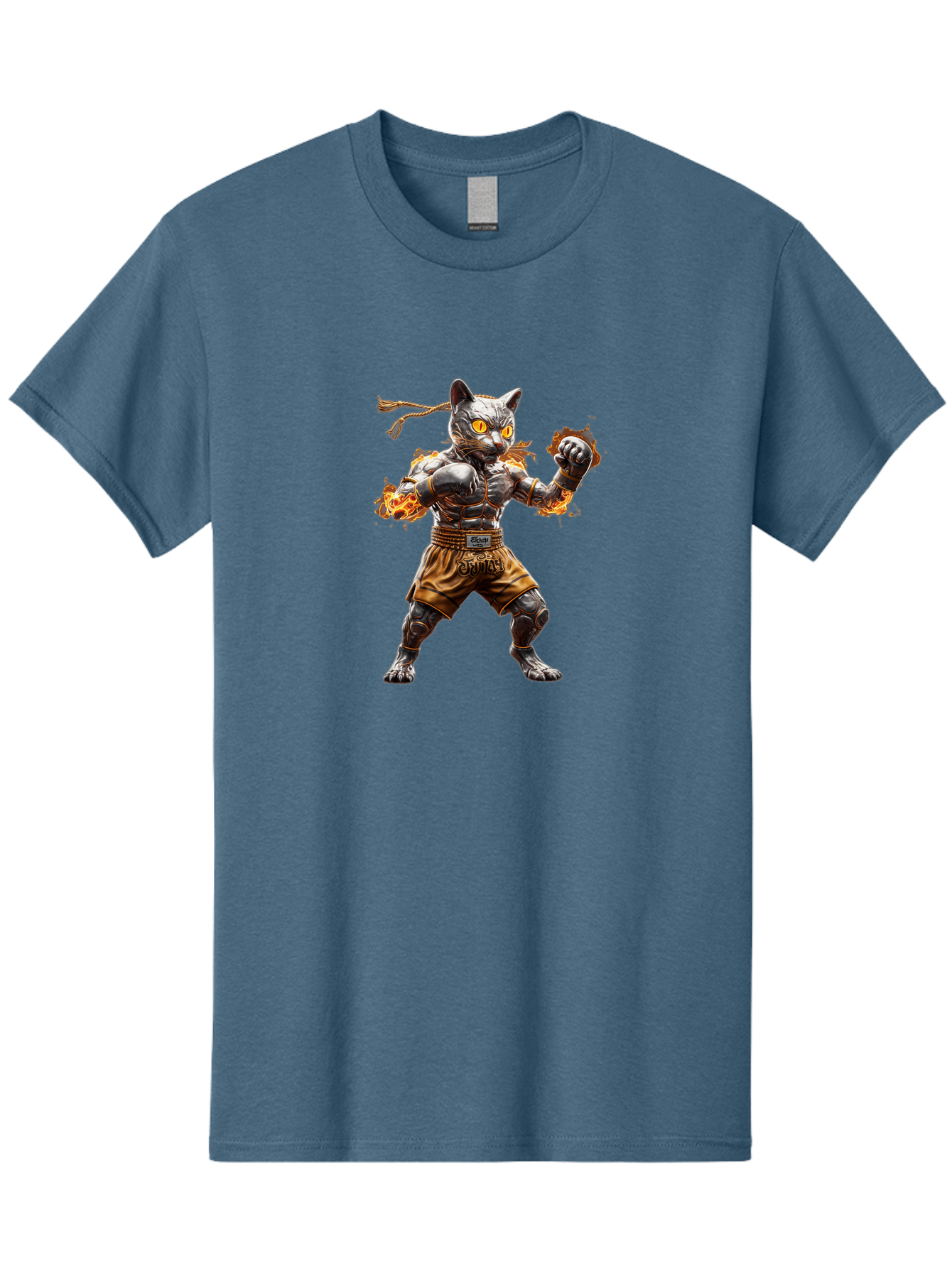 Cyber-Cat Men'S Graphic Tee, 100% Cotton, Comfortable Casual Summer Wear, Machine Washable, Anime Style Robot Cat, Martial Arts Pose, Futuristic Warrior, Cybernetic Feline, Orange Eyes Glowing, Ninja Costume, Fiery Aura, Dynamic Action, Bae431