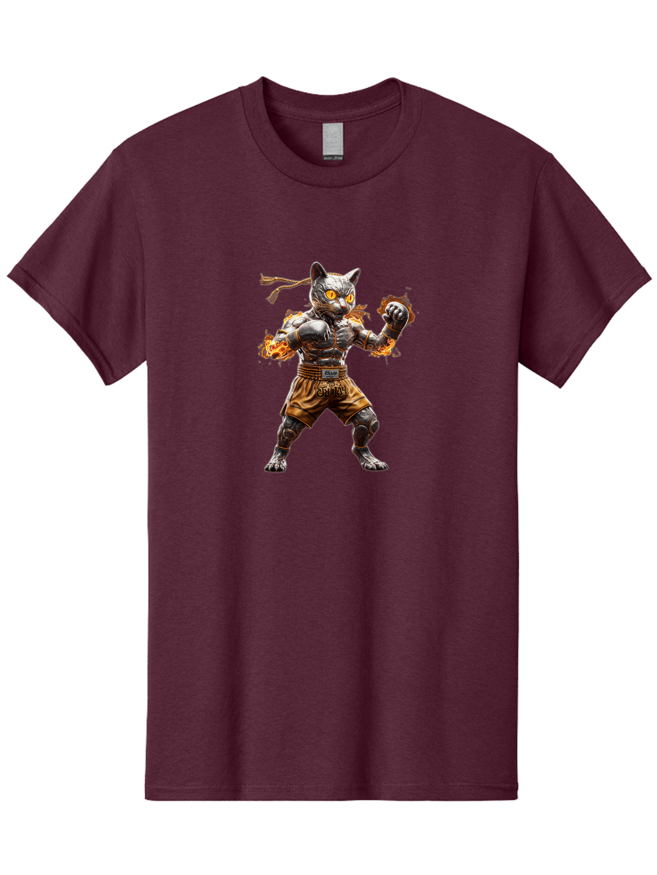 Cyber-Cat Men'S Graphic Tee, 100% Cotton, Comfortable Casual Summer Wear, Machine Washable, Anime Style Robot Cat, Martial Arts Pose, Futuristic Warrior, Cybernetic Feline, Orange Eyes Glowing, Ninja Costume, Fiery Aura, Dynamic Action, Bae431