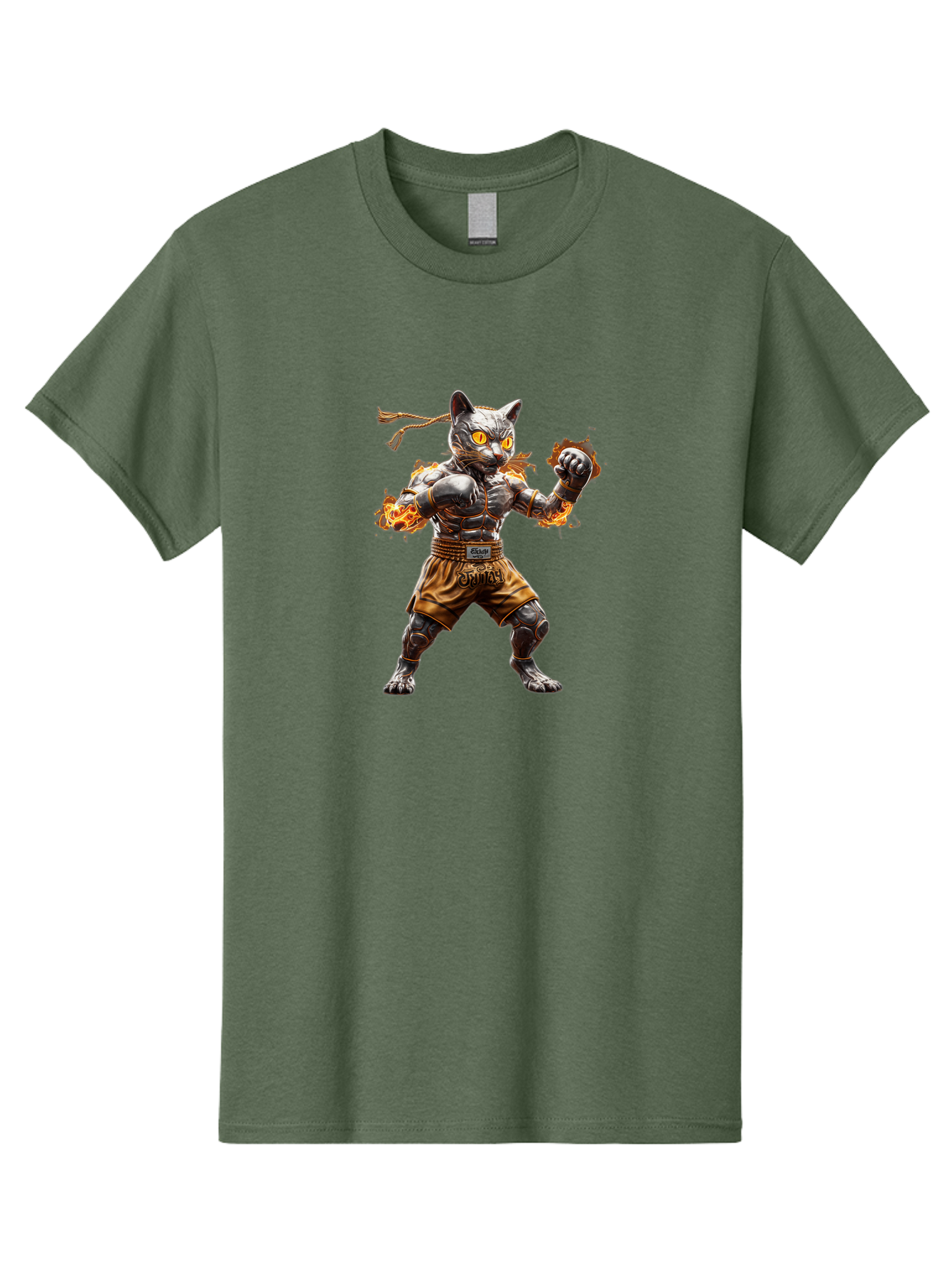 Cyber-Cat Men'S Graphic Tee, 100% Cotton, Comfortable Casual Summer Wear, Machine Washable, Anime Style Robot Cat, Martial Arts Pose, Futuristic Warrior, Cybernetic Feline, Orange Eyes Glowing, Ninja Costume, Fiery Aura, Dynamic Action, Bae431