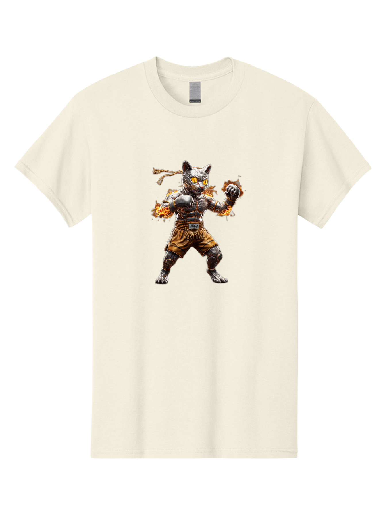 Cyber-Cat Men'S Graphic Tee, 100% Cotton, Comfortable Casual Summer Wear, Machine Washable, Anime Style Robot Cat, Martial Arts Pose, Futuristic Warrior, Cybernetic Feline, Orange Eyes Glowing, Ninja Costume, Fiery Aura, Dynamic Action, Bae431