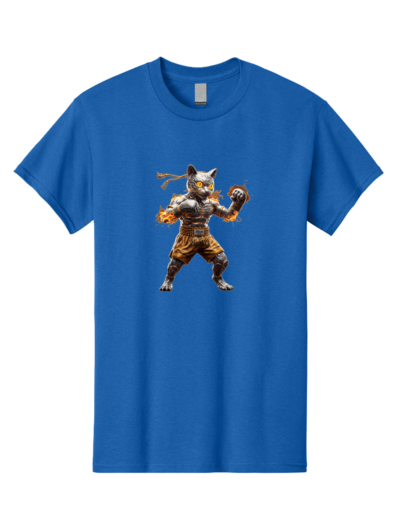 Cyber-Cat Men'S Graphic Tee, 100% Cotton, Comfortable Casual Summer Wear, Machine Washable, Anime Style Robot Cat, Martial Arts Pose, Futuristic Warrior, Cybernetic Feline, Orange Eyes Glowing, Ninja Costume, Fiery Aura, Dynamic Action, Bae431