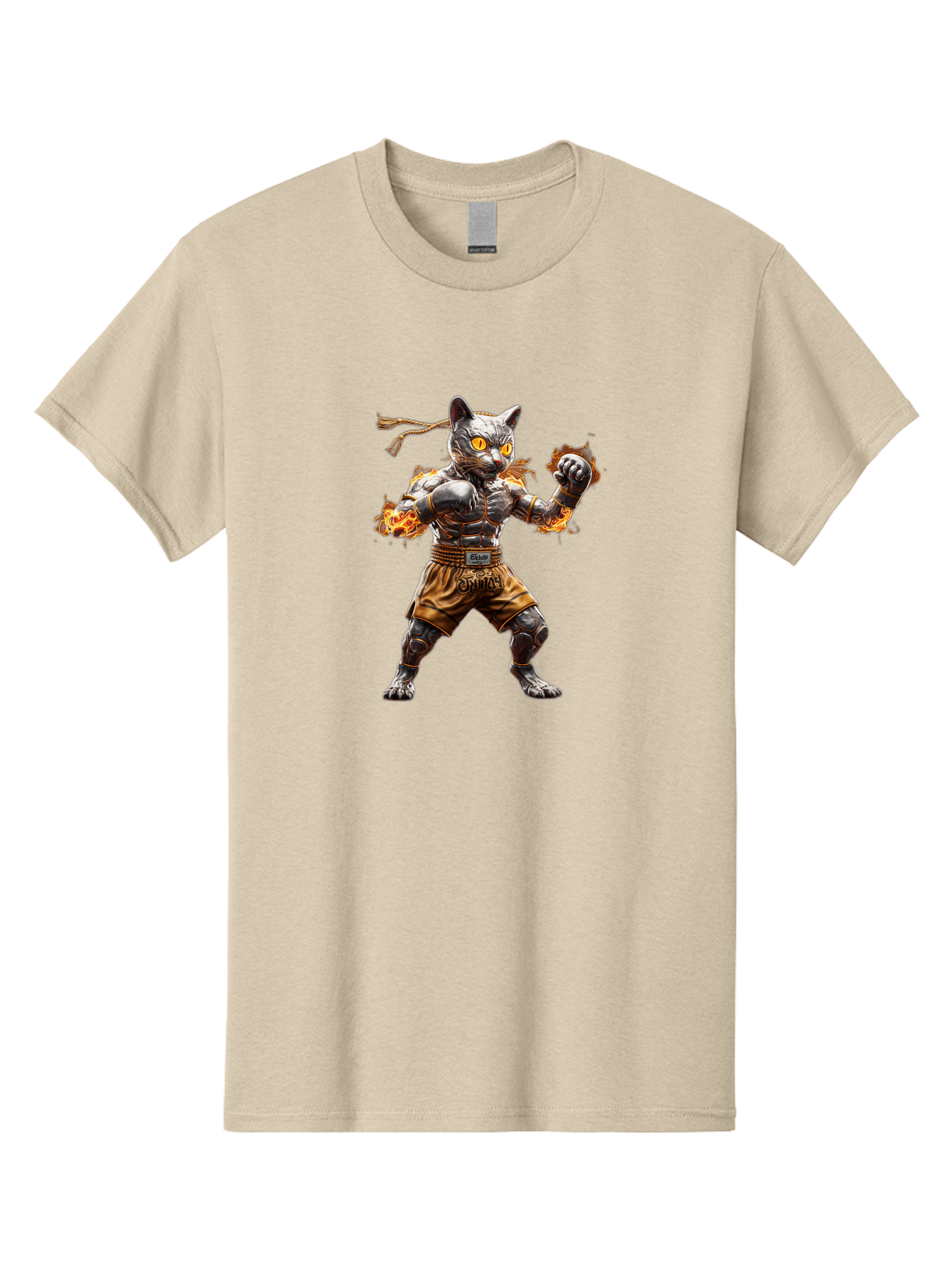 Cyber-Cat Men'S Graphic Tee, 100% Cotton, Comfortable Casual Summer Wear, Machine Washable, Anime Style Robot Cat, Martial Arts Pose, Futuristic Warrior, Cybernetic Feline, Orange Eyes Glowing, Ninja Costume, Fiery Aura, Dynamic Action, Bae431