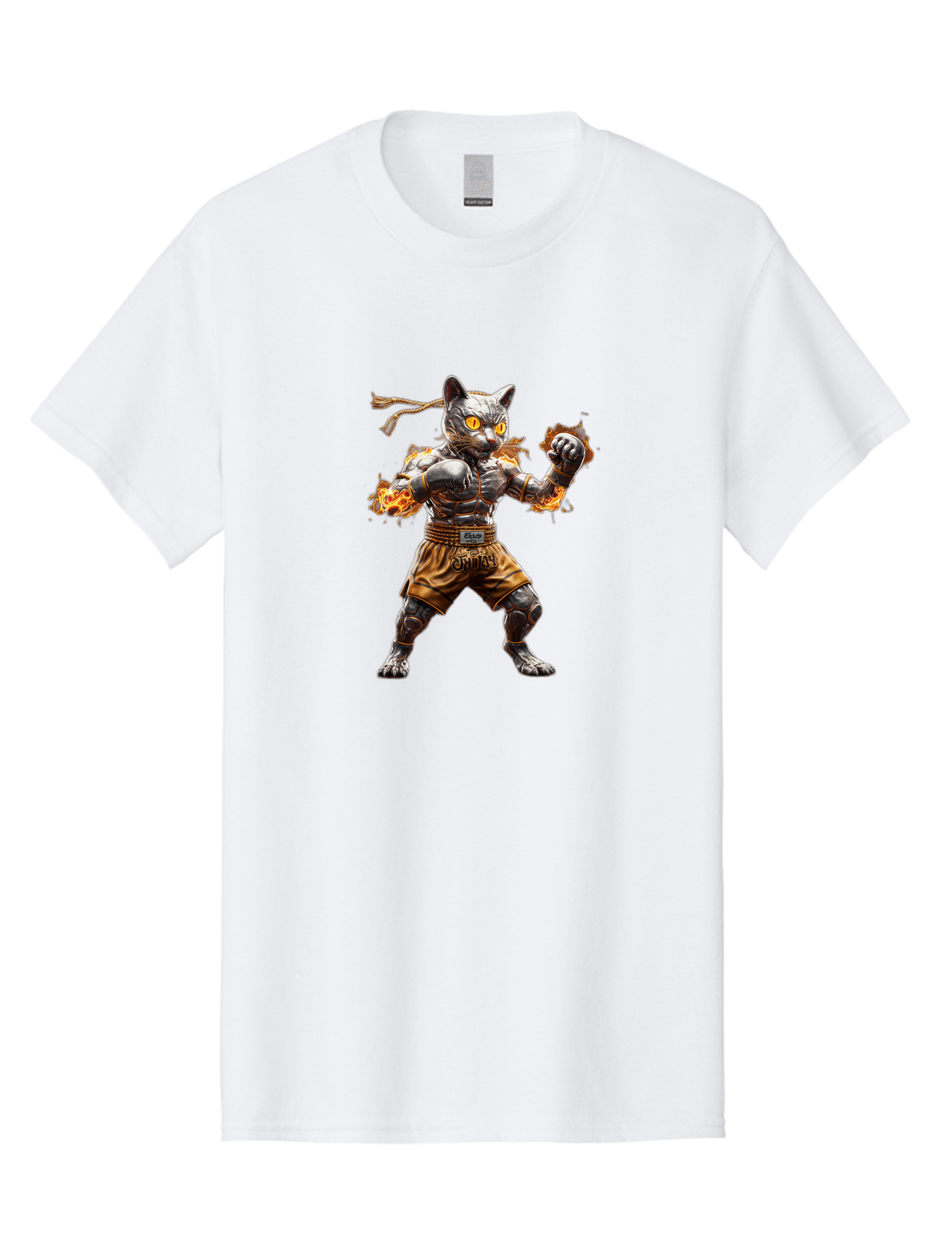 Cyber-Cat Men'S Graphic Tee, 100% Cotton, Comfortable Casual Summer Wear, Machine Washable, Anime Style Robot Cat, Martial Arts Pose, Futuristic Warrior, Cybernetic Feline, Orange Eyes Glowing, Ninja Costume, Fiery Aura, Dynamic Action, Bae431