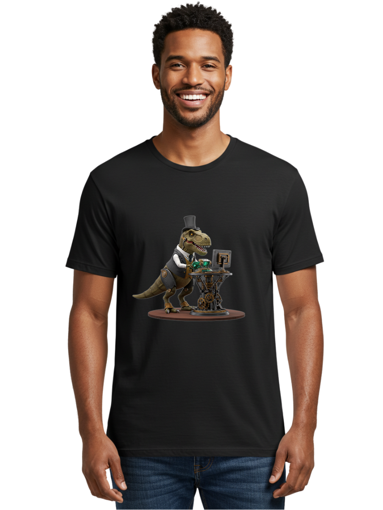 Dino-With-Top-Hat Men'S Graphic Tee, 100% Cotton, Comfortable Casual Summer Wear, Machine Washable, Robotic T-Rex, Top Hat, Steampunk, Computer, Steampunk Machinery, Metal Body, Cybernetic Dinosaur, Futuristic, Sci-Fi, Fantasy Creature, Bae437
