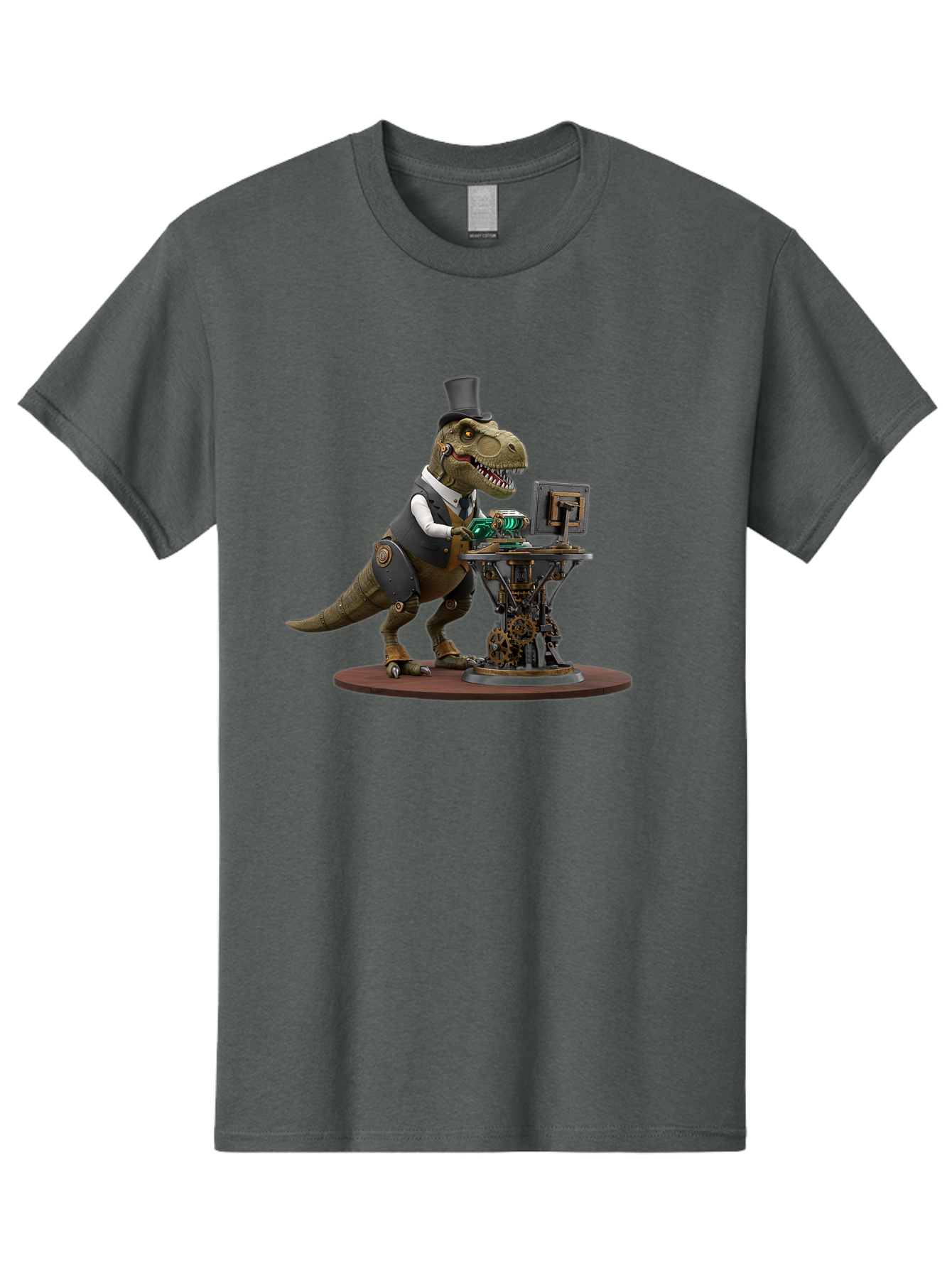 Dino-With-Top-Hat Men'S Graphic Tee, 100% Cotton, Comfortable Casual Summer Wear, Machine Washable, Robotic T-Rex, Top Hat, Steampunk, Computer, Steampunk Machinery, Metal Body, Cybernetic Dinosaur, Futuristic, Sci-Fi, Fantasy Creature, Bae437