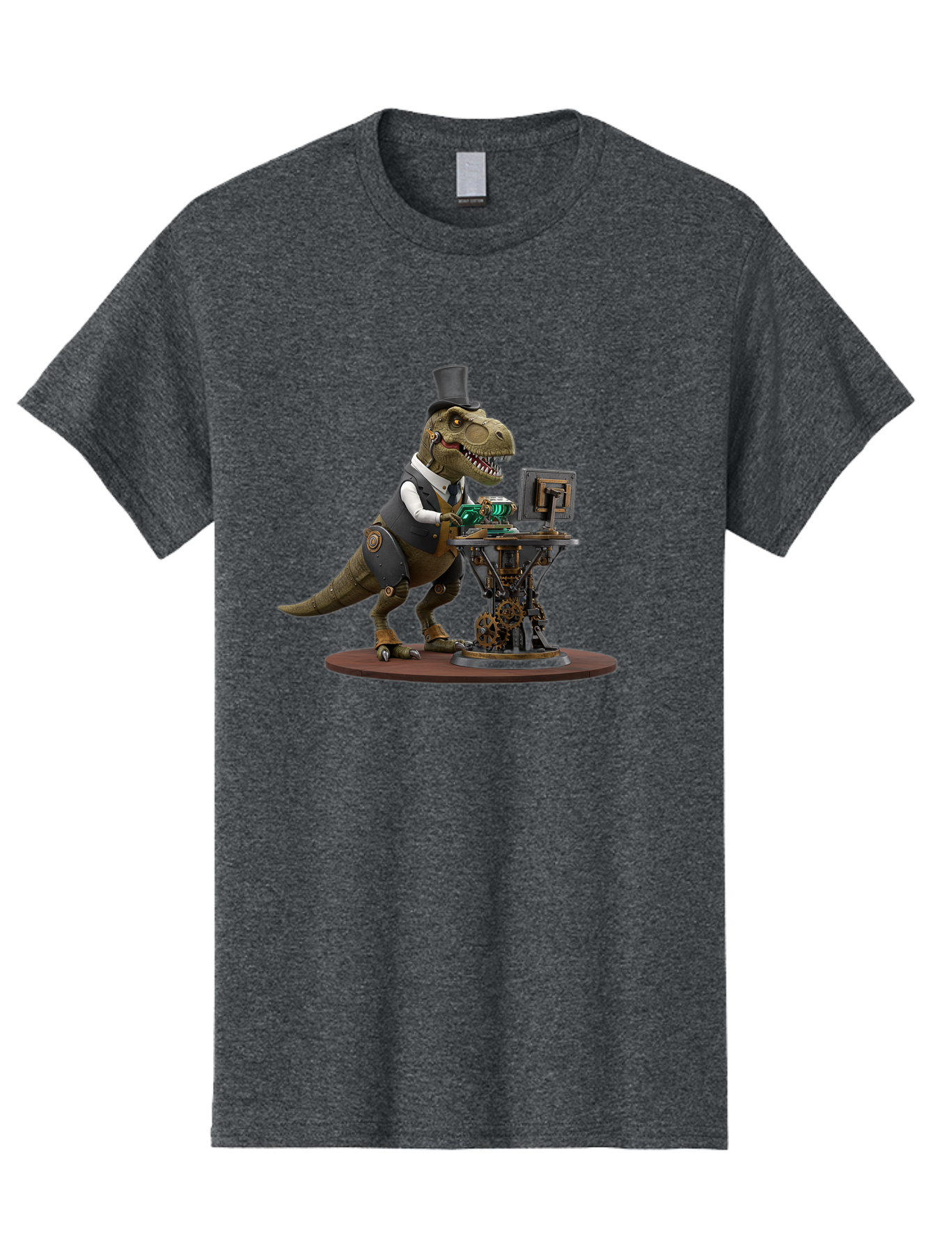 Dino-With-Top-Hat Men'S Graphic Tee, 100% Cotton, Comfortable Casual Summer Wear, Machine Washable, Robotic T-Rex, Top Hat, Steampunk, Computer, Steampunk Machinery, Metal Body, Cybernetic Dinosaur, Futuristic, Sci-Fi, Fantasy Creature, Bae437