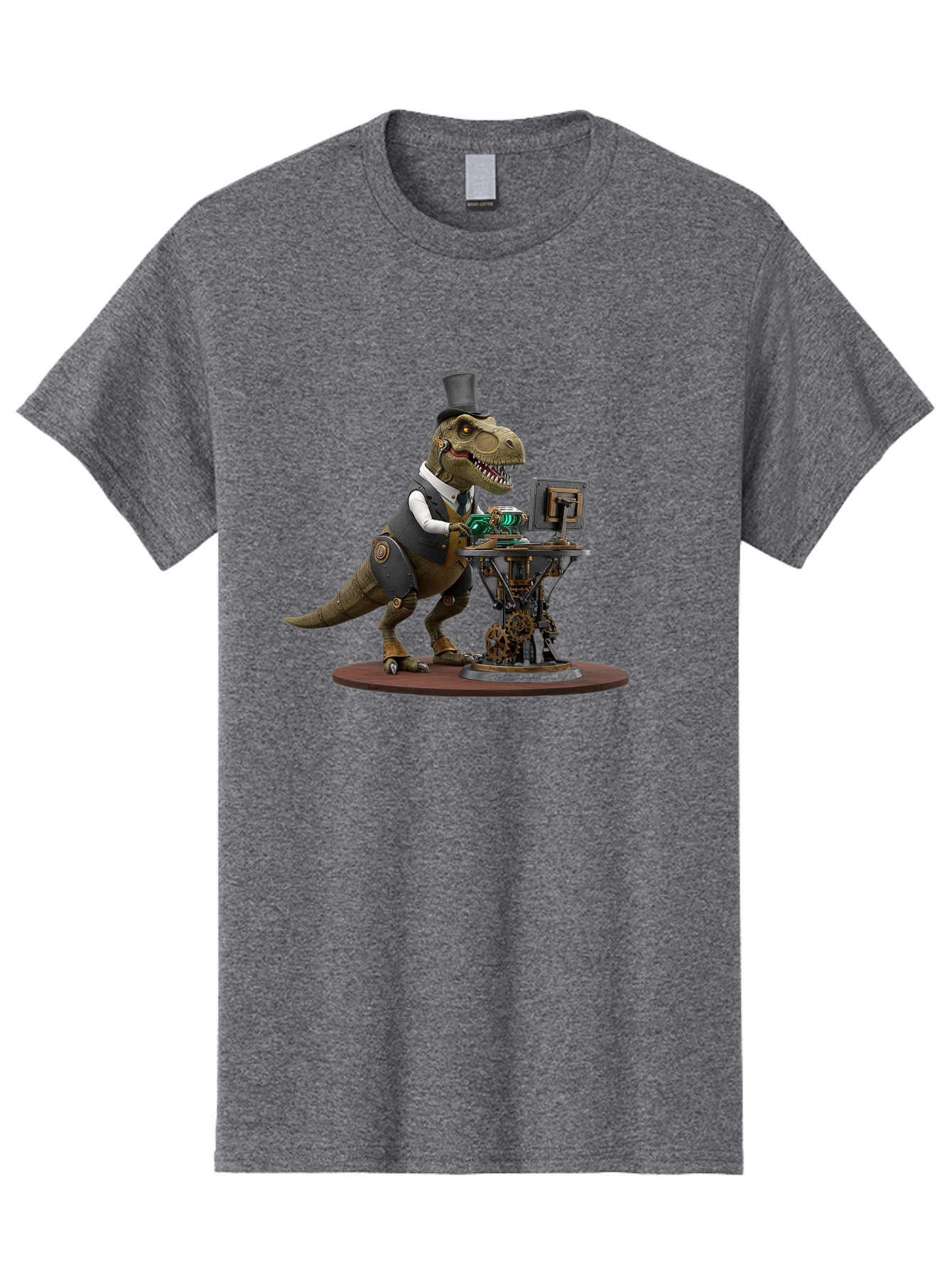Dino-With-Top-Hat Men'S Graphic Tee, 100% Cotton, Comfortable Casual Summer Wear, Machine Washable, Robotic T-Rex, Top Hat, Steampunk, Computer, Steampunk Machinery, Metal Body, Cybernetic Dinosaur, Futuristic, Sci-Fi, Fantasy Creature, Bae437