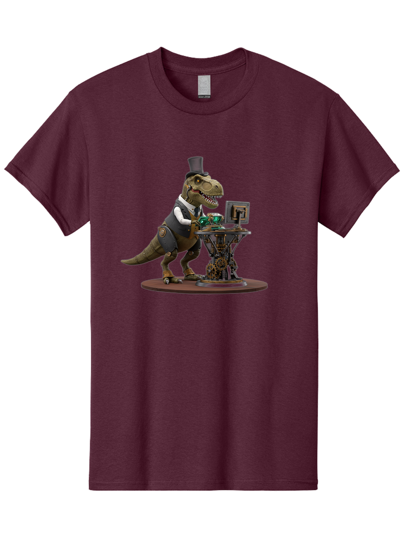 Dino-With-Top-Hat Men'S Graphic Tee, 100% Cotton, Comfortable Casual Summer Wear, Machine Washable, Robotic T-Rex, Top Hat, Steampunk, Computer, Steampunk Machinery, Metal Body, Cybernetic Dinosaur, Futuristic, Sci-Fi, Fantasy Creature, Bae437